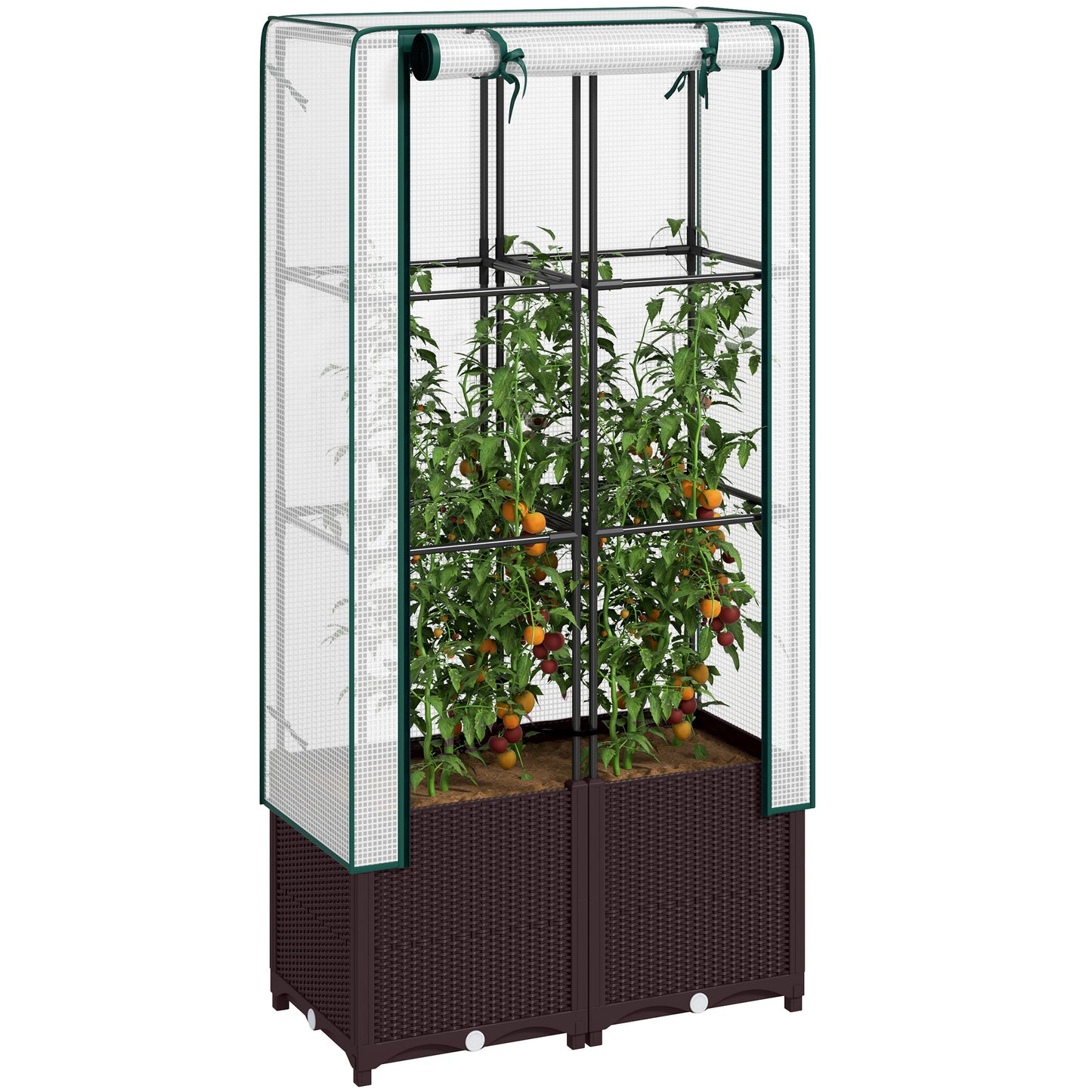 Raised Garden Bed with Trellis, Plastic Planter Box with Drainage Holes and Drain Plugs for Climbing Plants, Vegetables, Flowers