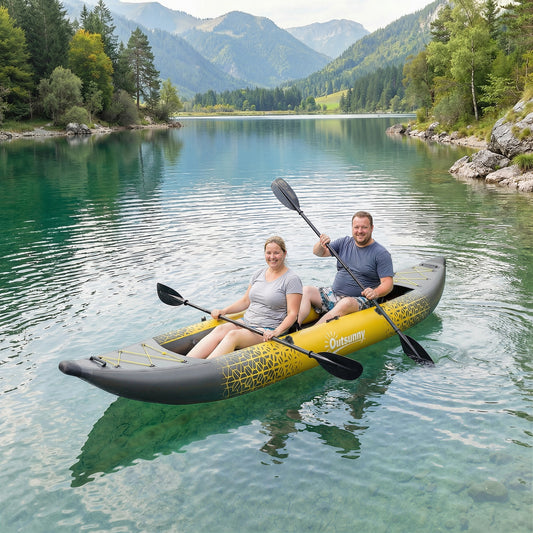 Inflatable Tandem Kayak Set | 2-Person | 381cm | Drop-Stitch Floor | Adjustable Seats | 230kg | Aluminium Oars | Grey & Yellow
