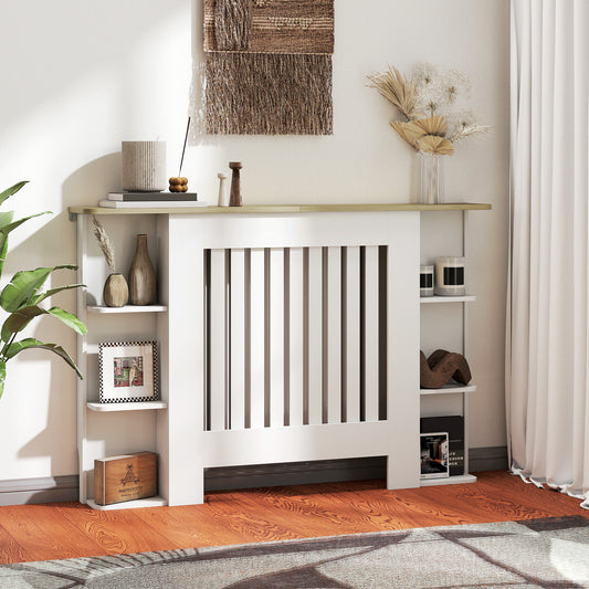 Radiator Cover with Open Storage Shelves, Vertical Slatted Cabinet Shelf Heater Cover for Living Room, Hallway, Medium, White (H: 83 / W: 124 / D: 19 cm)
