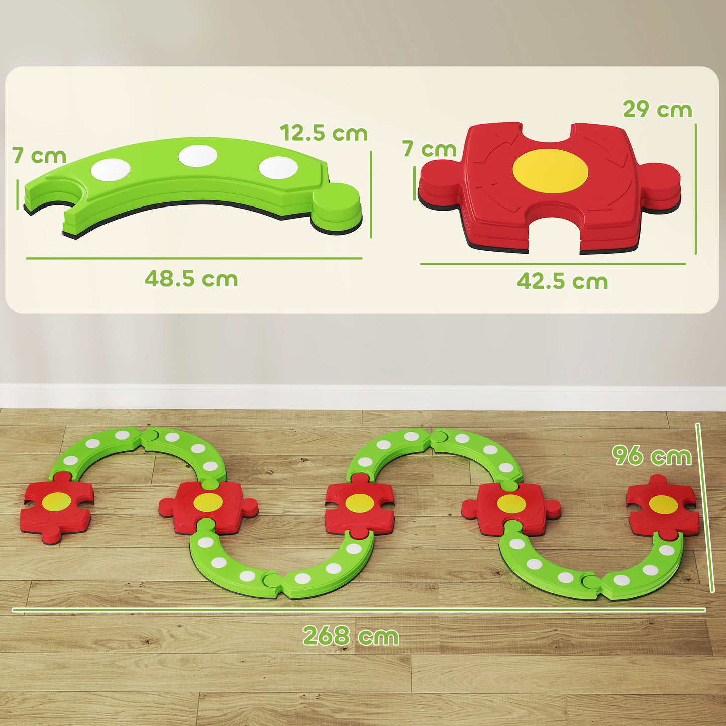 13 Piece Kids Balance Beam Stepping Stones Set with Non-slip Textured Surface, Outdoor Indoor for Toddlers, Green