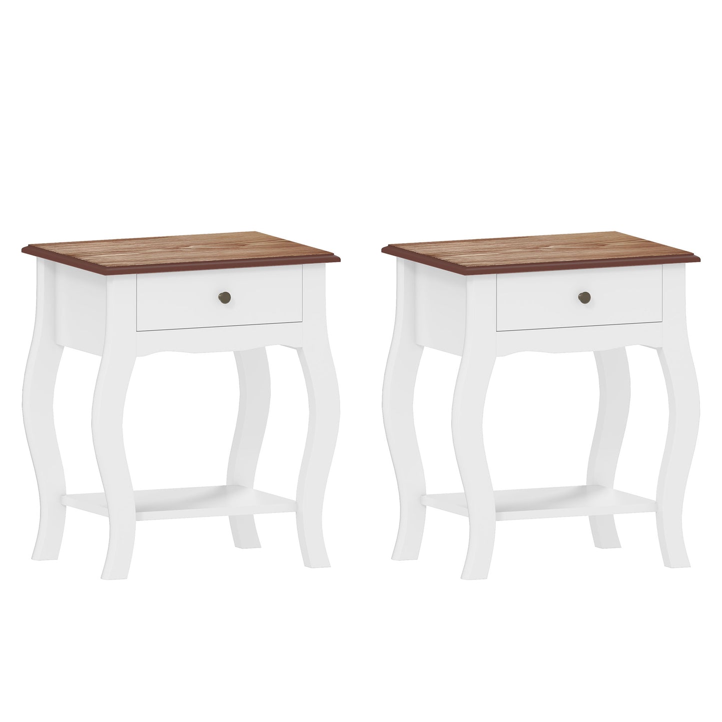 2 Pieces Bedside Tables with Drawer, French Style Bedside Cabinets with Open Shelf for Bedroom, Living Room, White