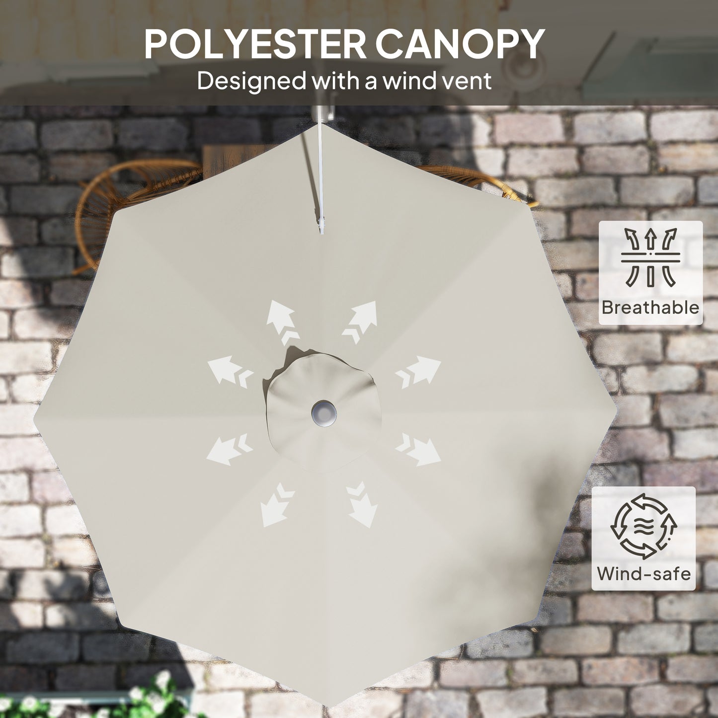 Outsunny 3(m) Wall-Mounted Parasol Shade, with Handle - Light Grey / Khaki / Orange