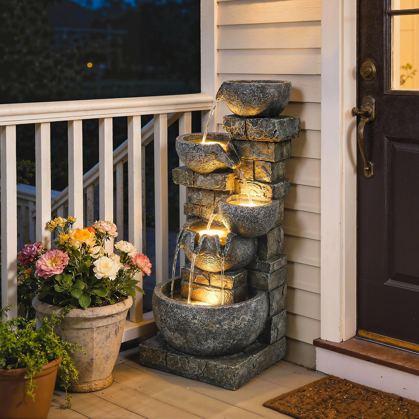 5-Tier Stacked Rock Resin Waterfall Fountain | 24 Warm LED Lights | Hand-Painted Natural Stone Finish | IP44 Adapter | 10W Pump | 230V | 3m Cable | 34x36x80cm | Garden & Patio | Mixed