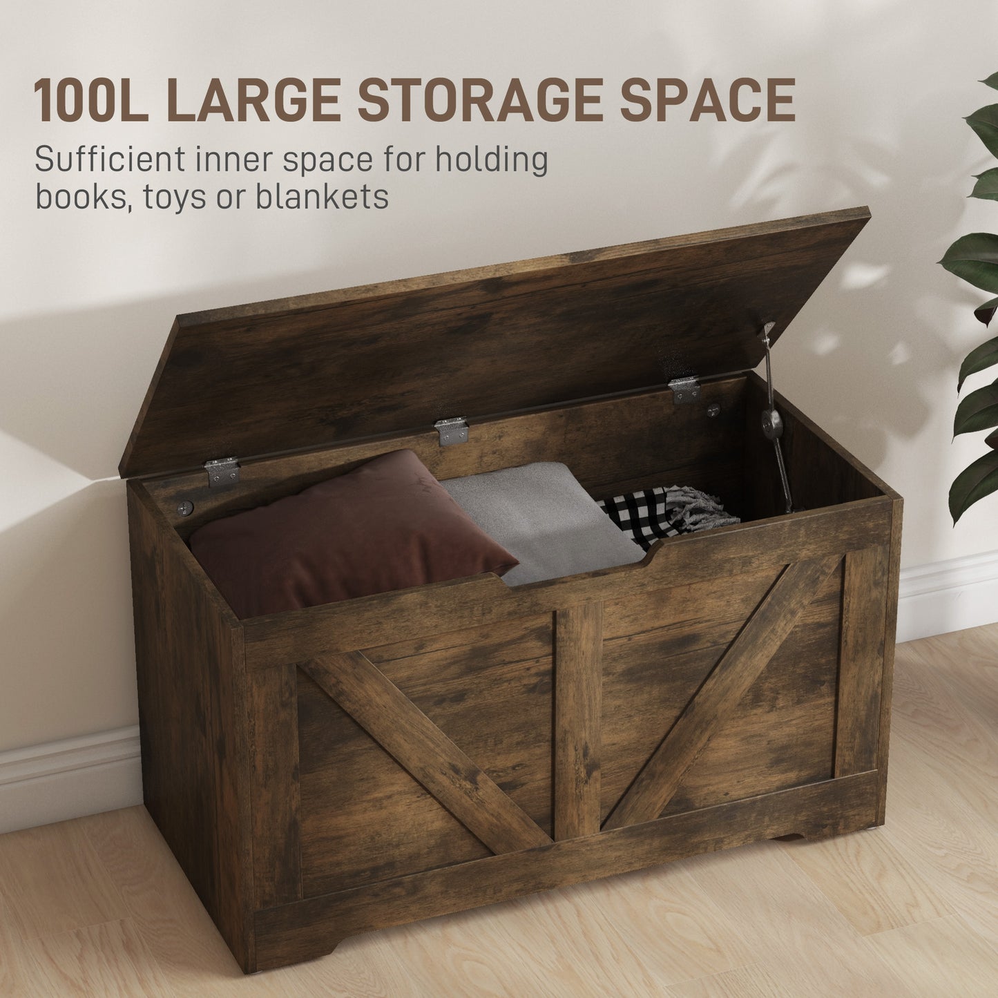 100L Home Storage Box, with Safety Hinges - Rustic Brown