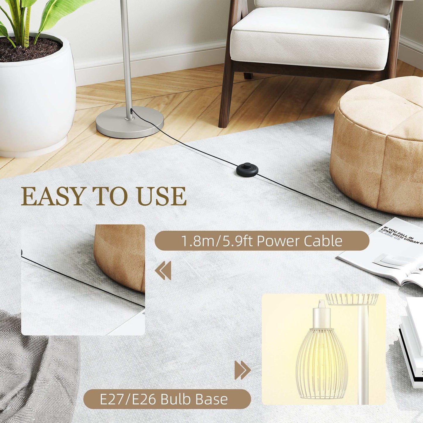 170cm Industrial 3-Light Floor Lamp, Dimmable Standing Lamp with Steel Lampshades for Living Room, Bedroom, Dinging Room, Study, Silver Tone