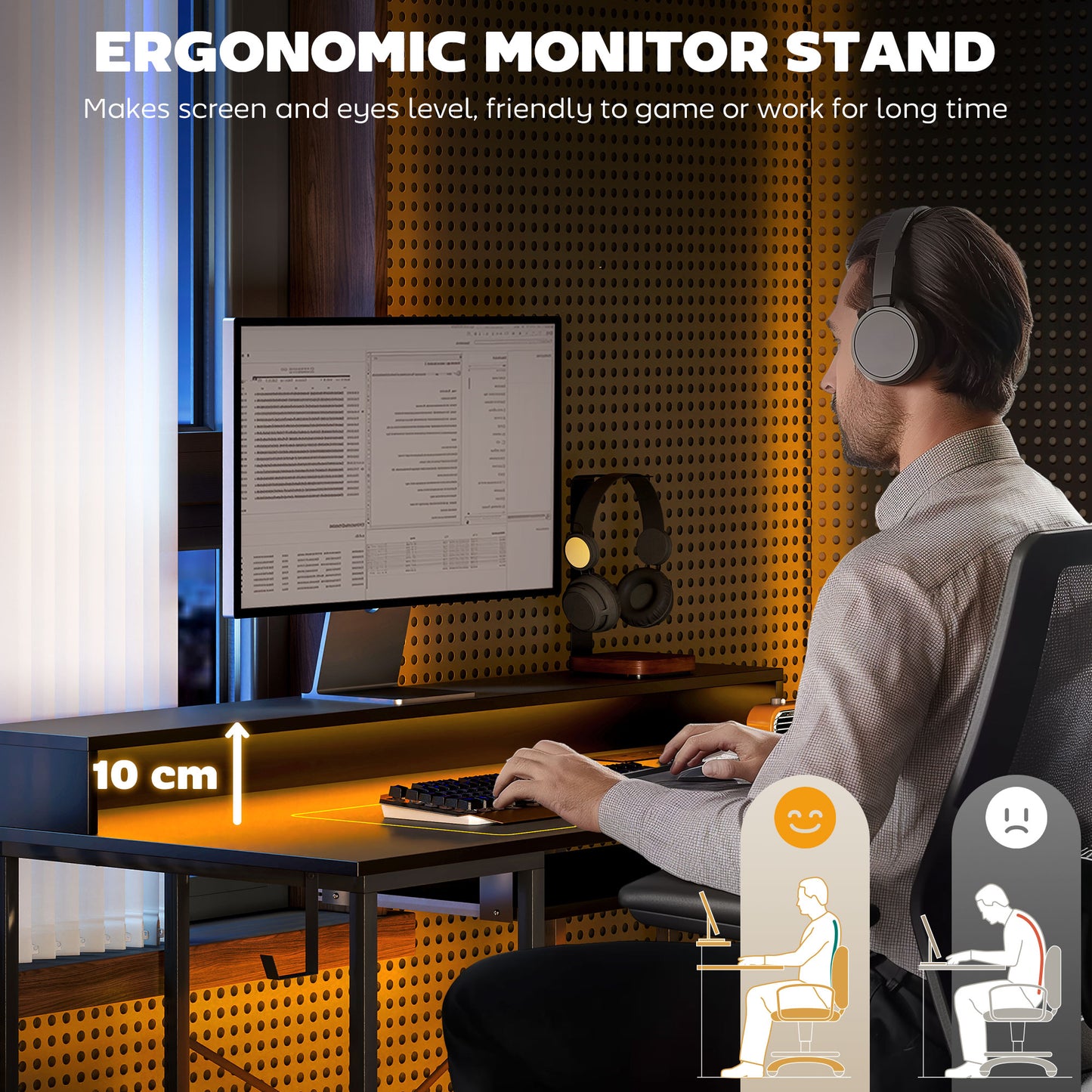 Reversible Computer Desk with LED Lights and Power Outlets, 120 x 55 cm Gaming Desk with Monitor Stand, Sliding Keyboard Tray and Storage Shelves,