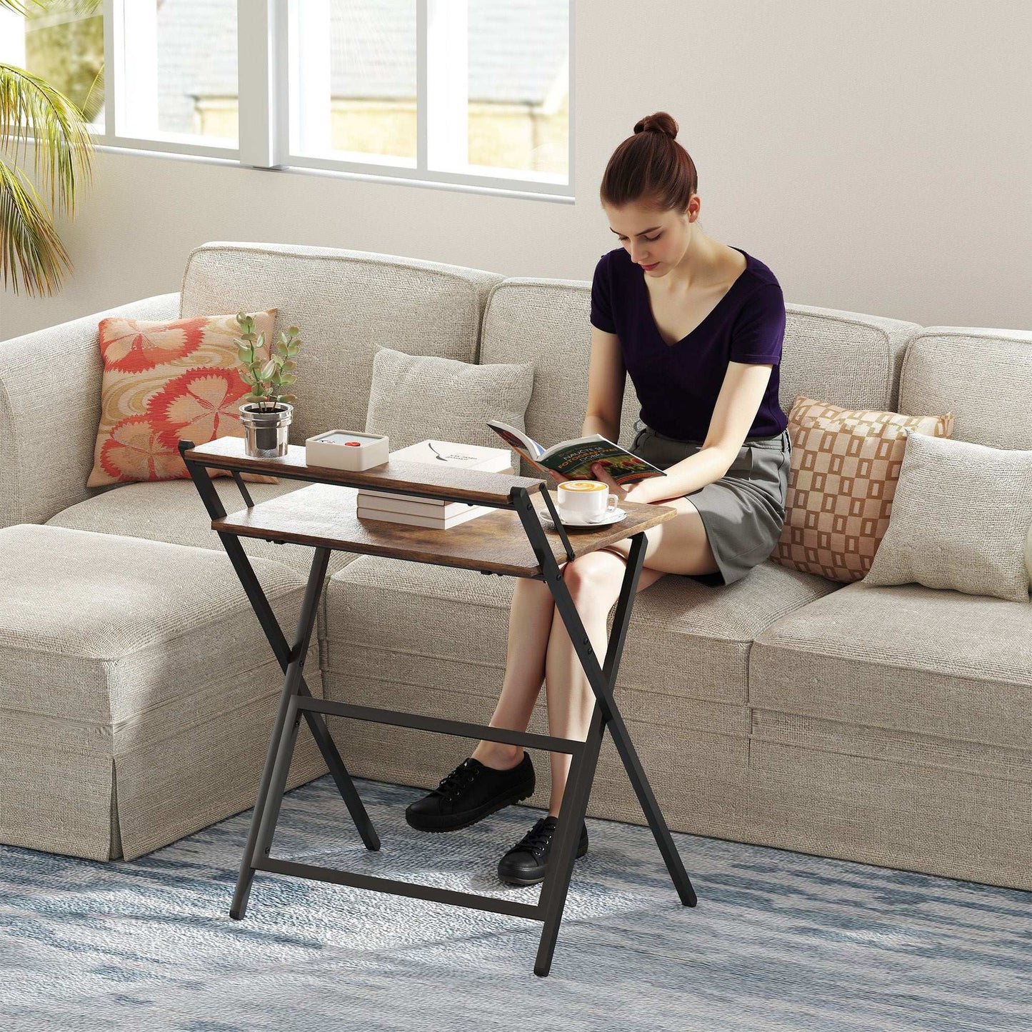 70 cm Folding Computer Desk with Monitor Shelf - Rustic Brown
