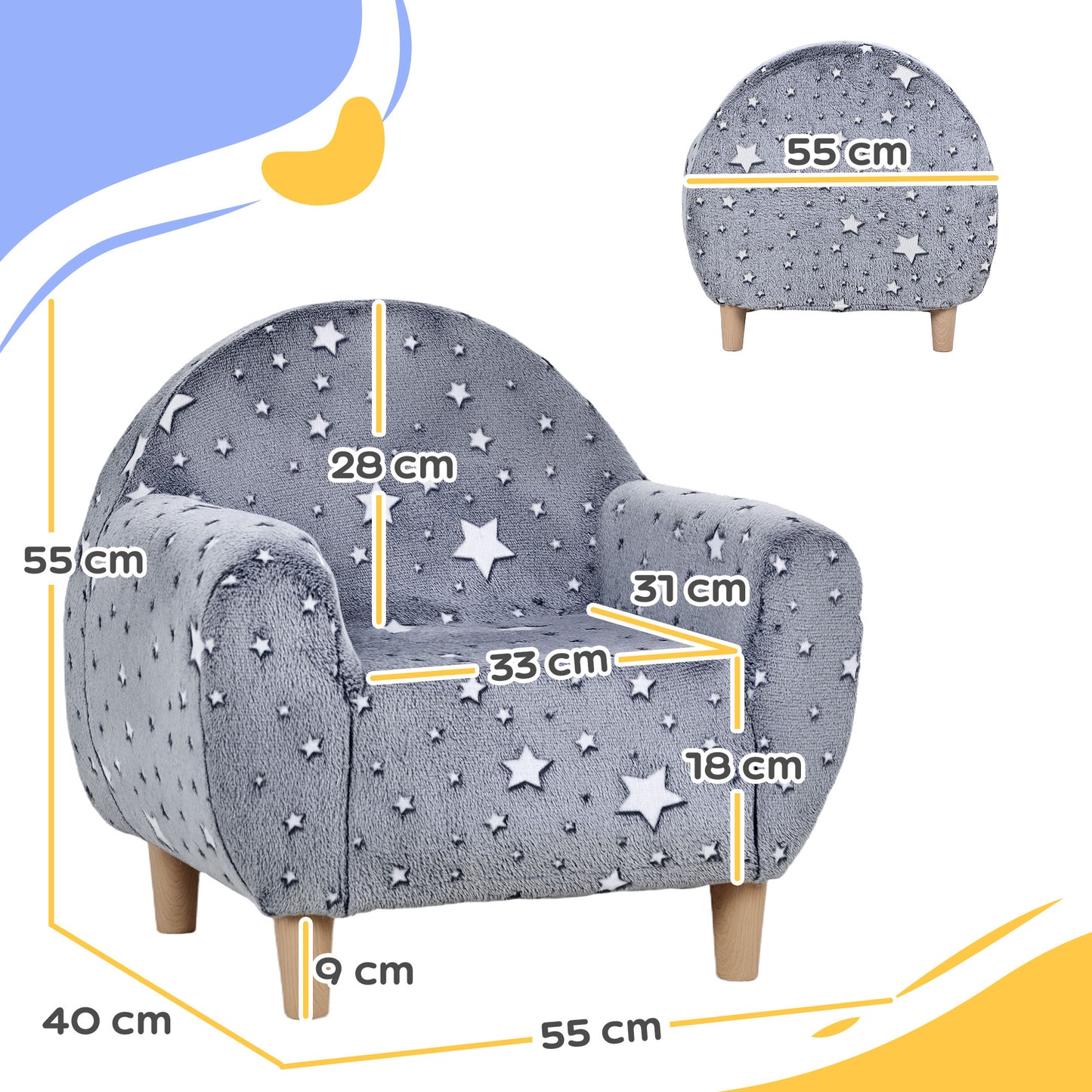 AIYAPLAY Kids Armchair, Glow in the Dark Chair with Star Design for Bedroom, Playroom, Kids Room, Grey / Pink