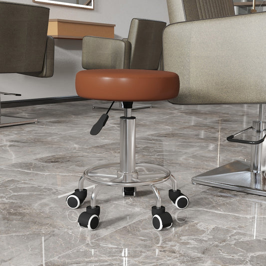 PU Leather Rolling Salon Stool | Height Adjustable 50-64cm | Dia 42cm | Thick Foam Seat | Footrest | 5 Wheels | Backless | 110kg | Brown