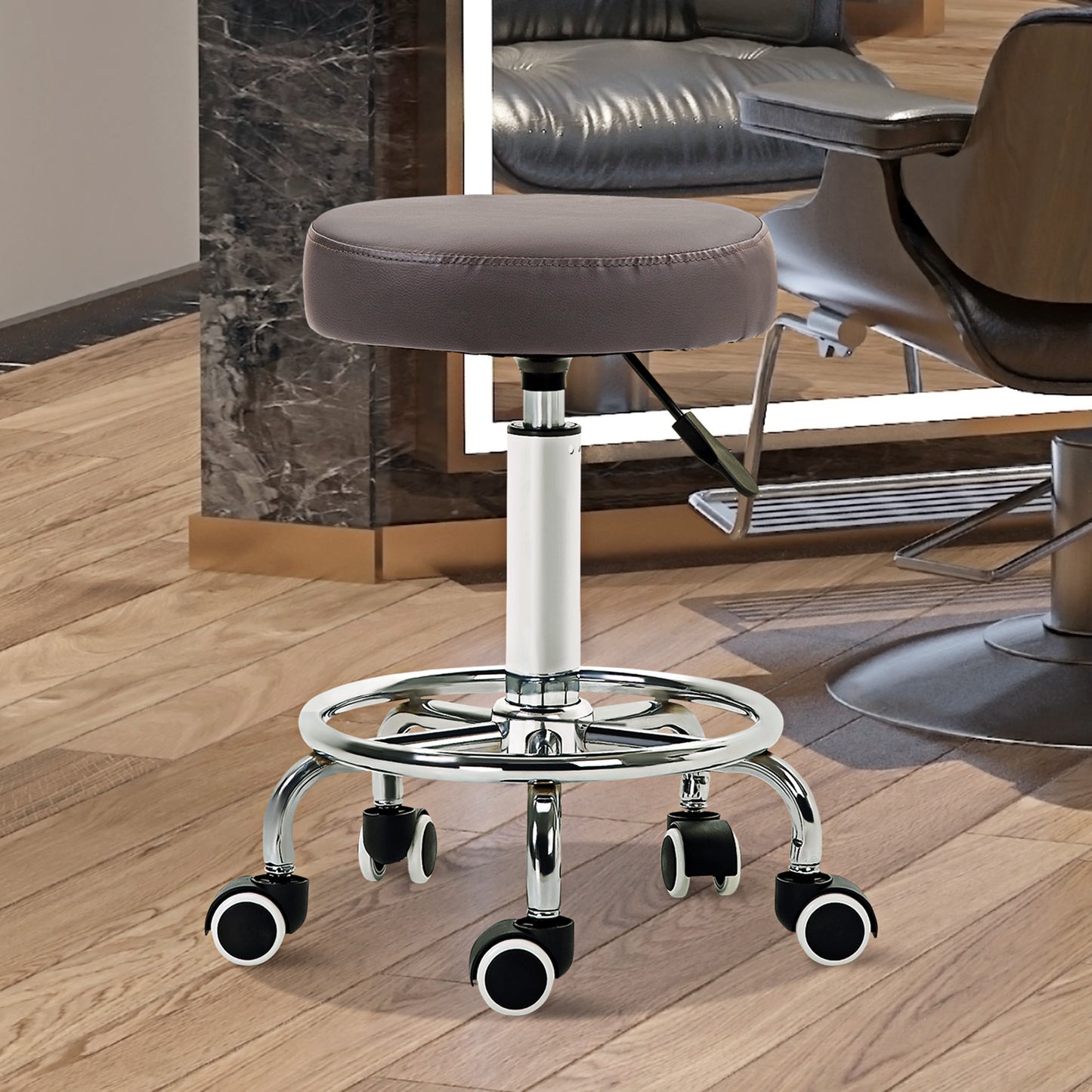 PU Leather Rolling Salon Stool | Height Adjustable 50-64cm | Dia 42cm | Thick Foam Seat | Footrest | 5 Wheels | Backless | 110kg | Grey