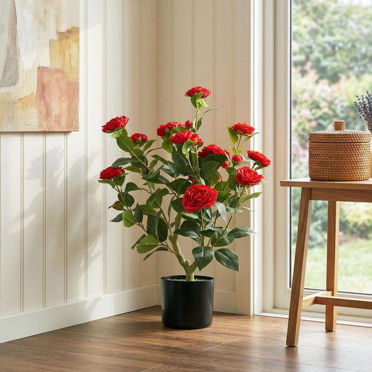 Artificial Camellia Flower Plant | 65cm | 116 PEVA Leaves | Red Silk Blossoms | Moss Effect | Cement Pot | Shapeable | No Maintenance