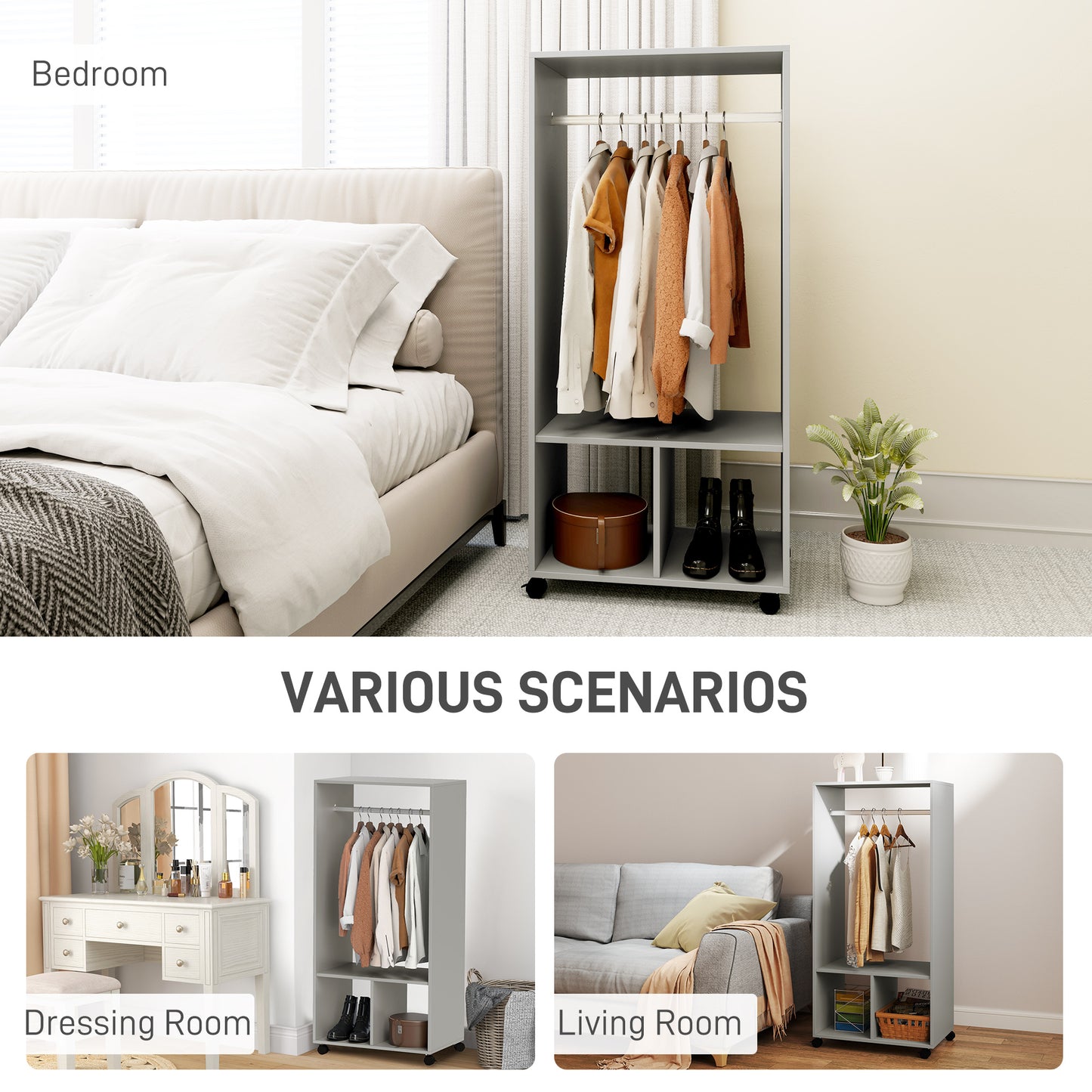 Open Wardrobe for Bedroom, Small Wardrobe on Wheels W/ Clothes Rail, Storage Shelves, Mobile Garment Rack Cloakroom, Hallway, Grey