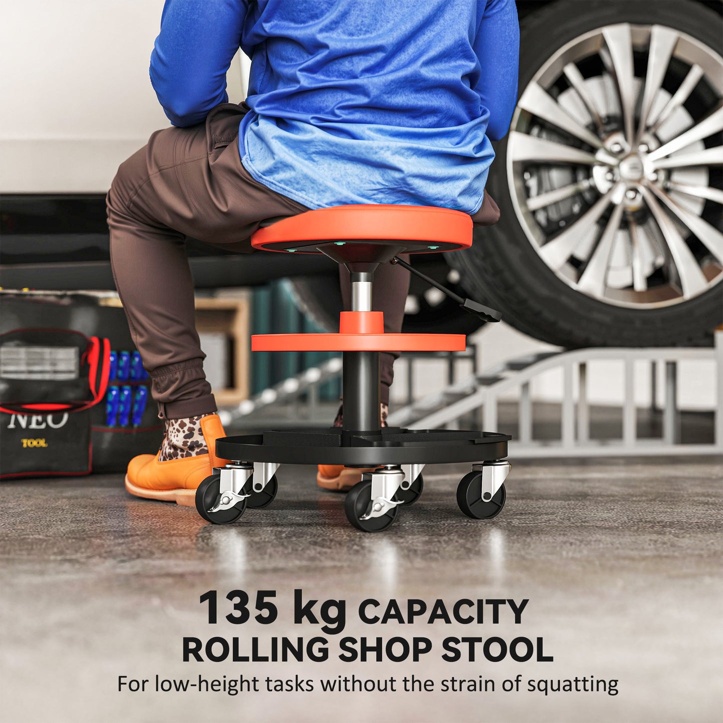 Rolling Mechanic Stool, 135kg Capacity Workshop Stool, 360° Swivel Roller Padded Creeper Seat with Wheels, for Garage, Shop, Auto Repair