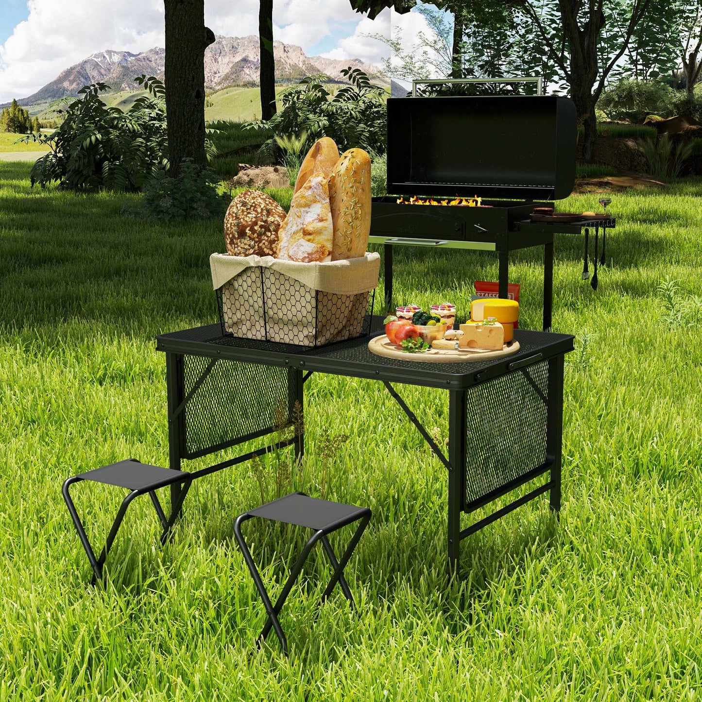 Folding Grill Table, 4.5ft Portable Camping Table with 2 Wing Panels, Height Adjustable Metal Picnic Table for Camping, Picnic and BBQ, Black