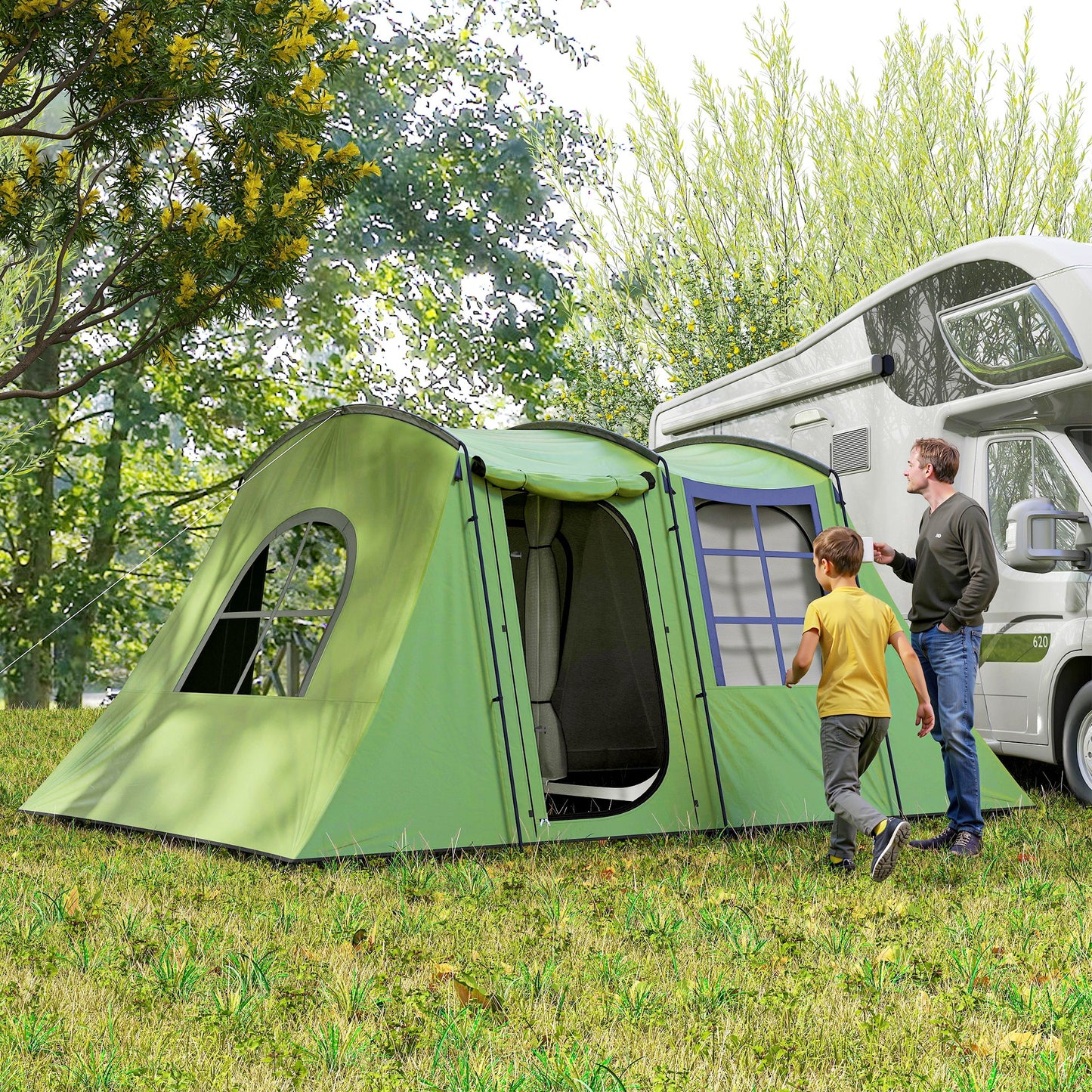 3-4 Man Tunnel Tent, Family Camping Tent with Porch, Bedroom and Living Area, Sewn in Groundsheet, 3000mm Waterproof, Portable with Bag, Green