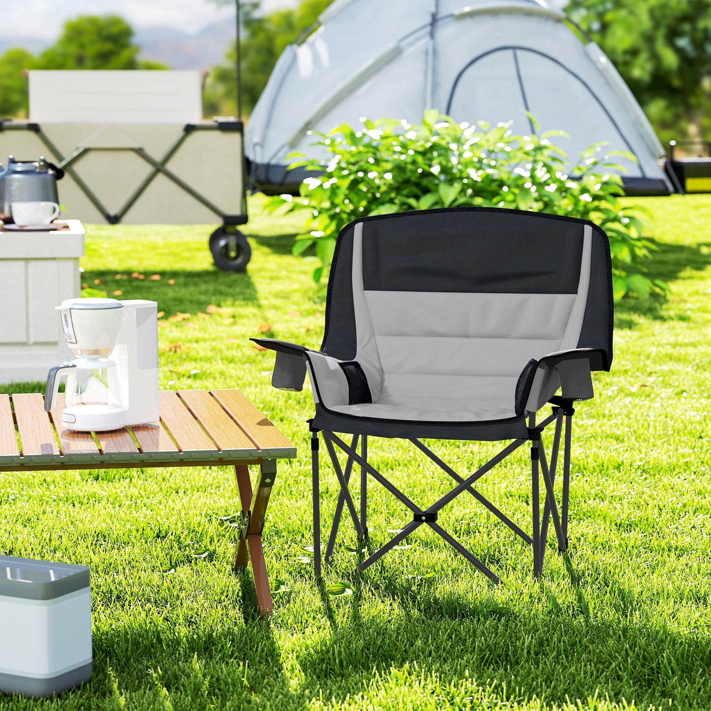 Outsunny Portable Padded Camping Chair, with Bag - Black/Grey