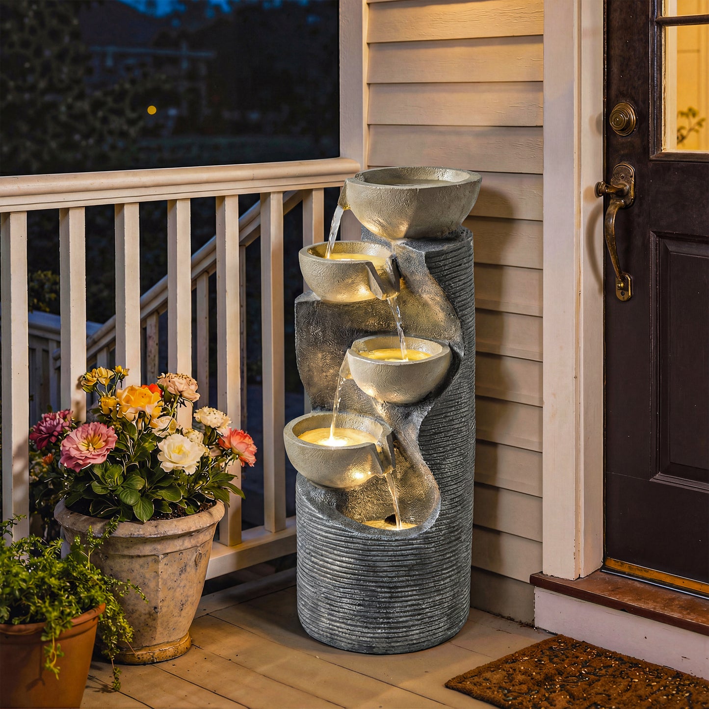 5-Tier Artisan Stone-Finish Resin Waterfall Fountain | LED Lights | Adjustable Flow | 22-25L | UK Plug | 230V | 3m Cable | 33x31x80cm | Indoor & Outdoor | Garden & Patio | Mixed Colour