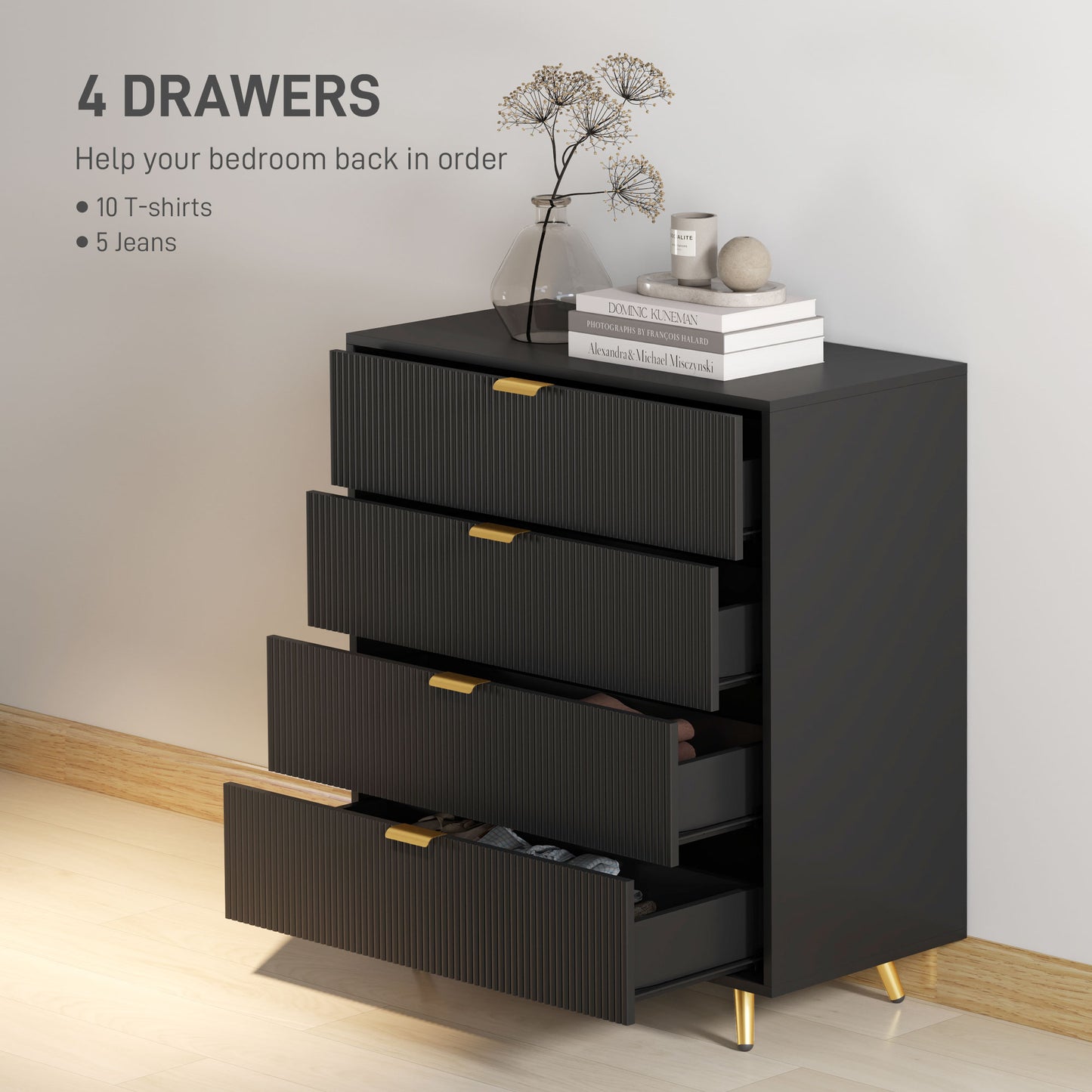 Bedroom Chest of Drawers with 4 Drawers, Fluted Dresser with Gold Tone Handles, Storage Cabinet for Bedroom, Living Room, Hallway, Entryway, Black