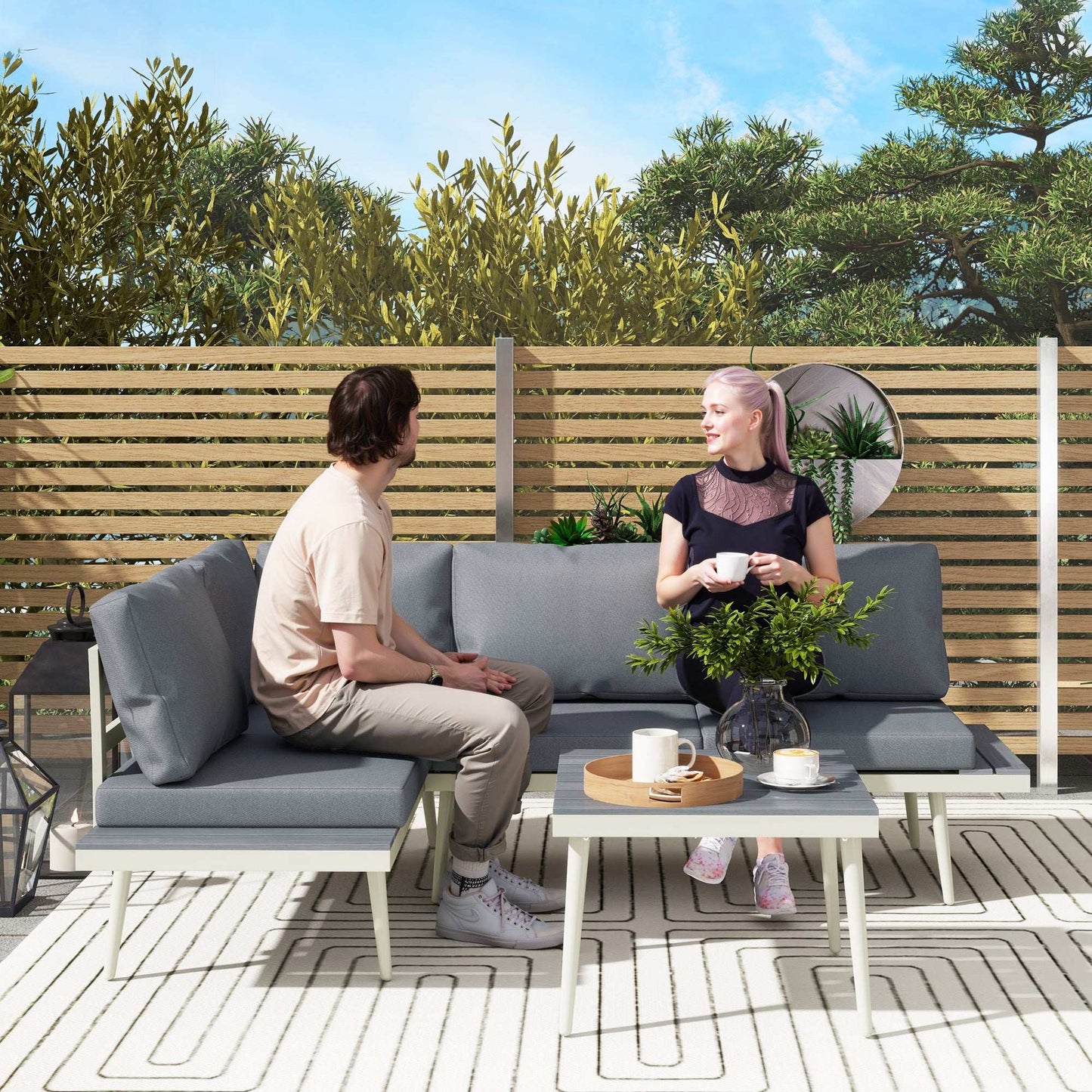 Outsunny 3 Piece Garden Furniture L Shaped Garden Corner Sofa with Cushions, Mesh Seat, Wood-Grain Table, Outdoor Furniture Set , Grey
