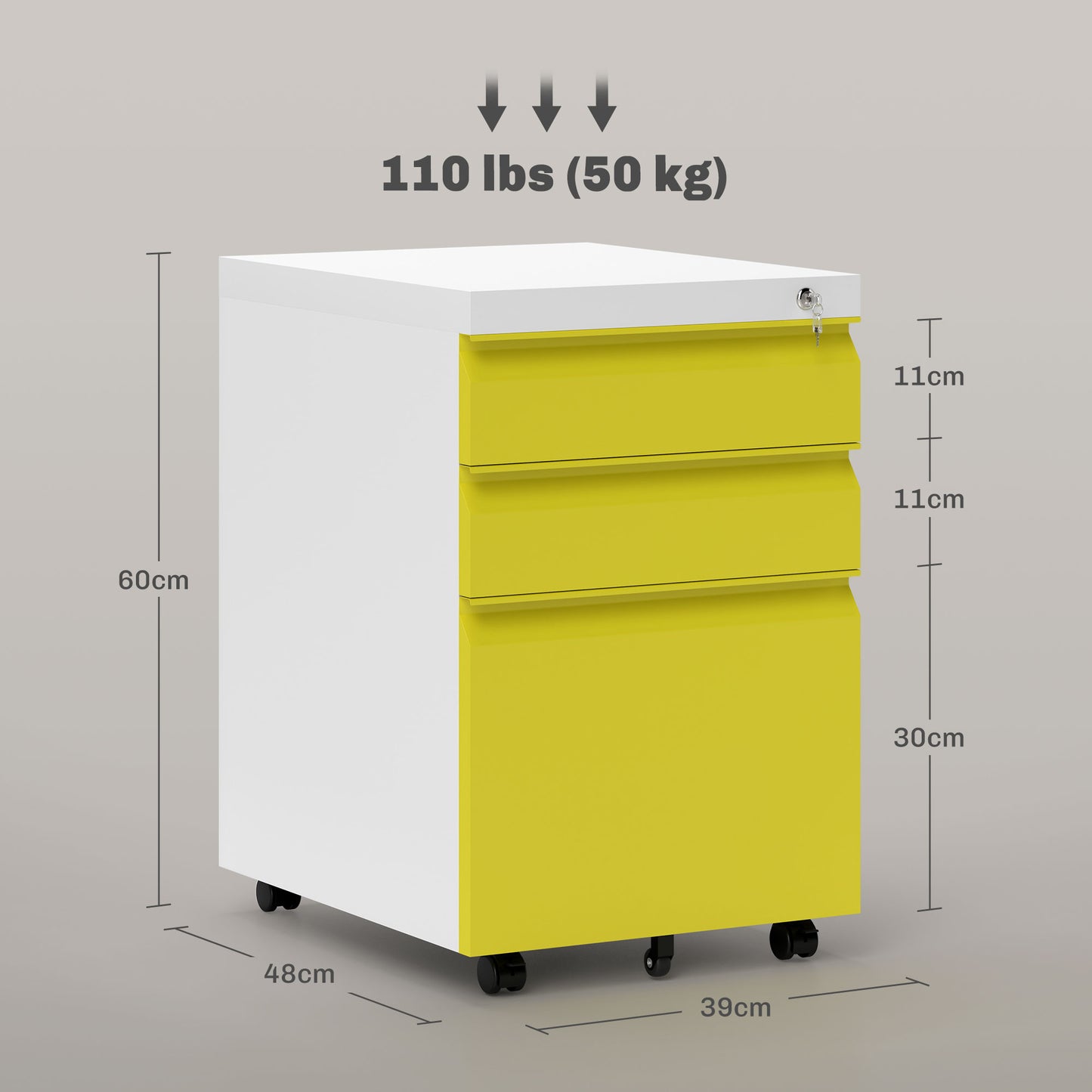 Vinsetto 3 Drawer Filling Cabinet, Mobile Metal File Cabinet with Anti-tilt Design for Letter, A4, Legal Size