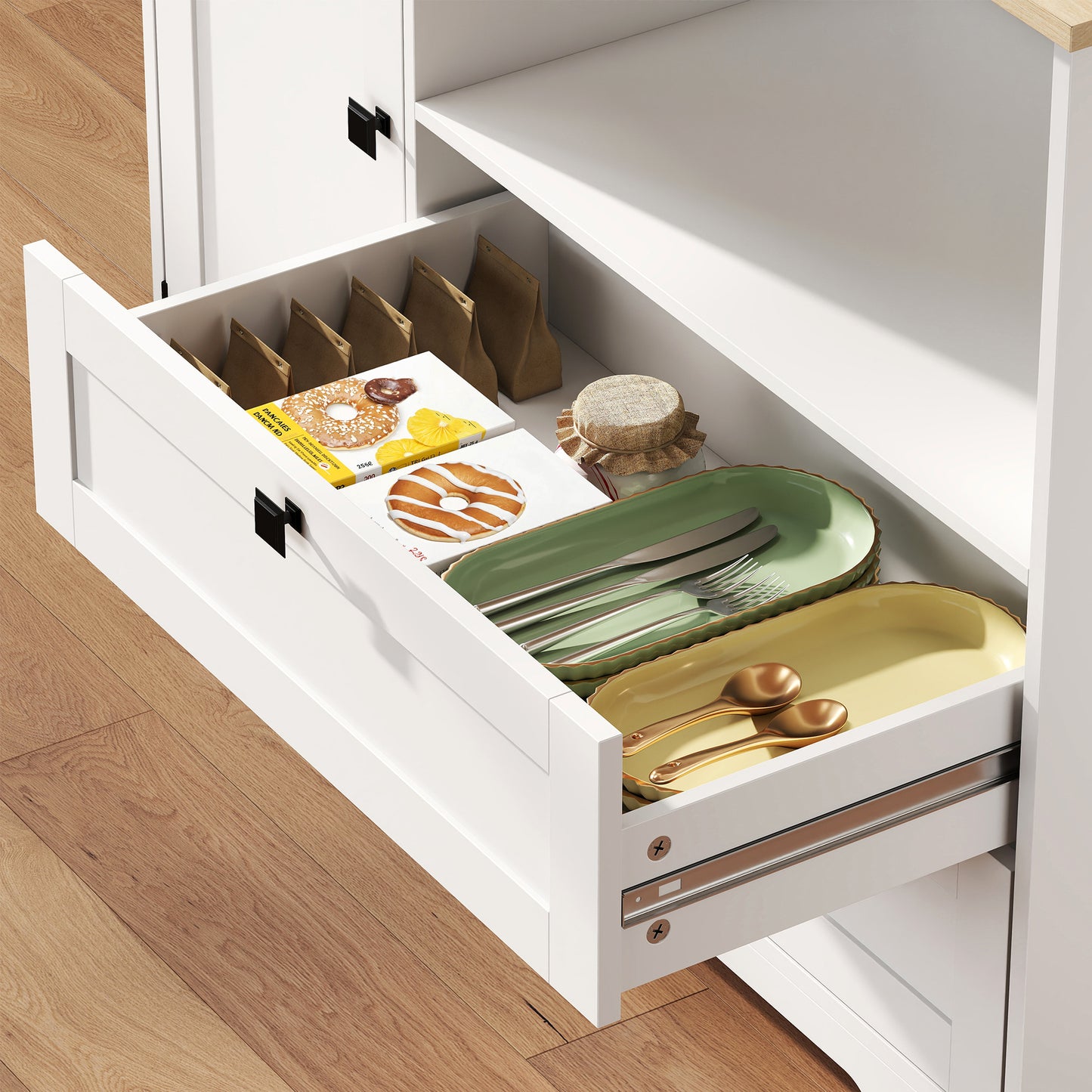 Freestanding Kitchen Cupboard | 2 Cabinets | 2 Drawers | 3 Door Racks | Adjustable Shelves | 8 Mug Holders | 106kg | White