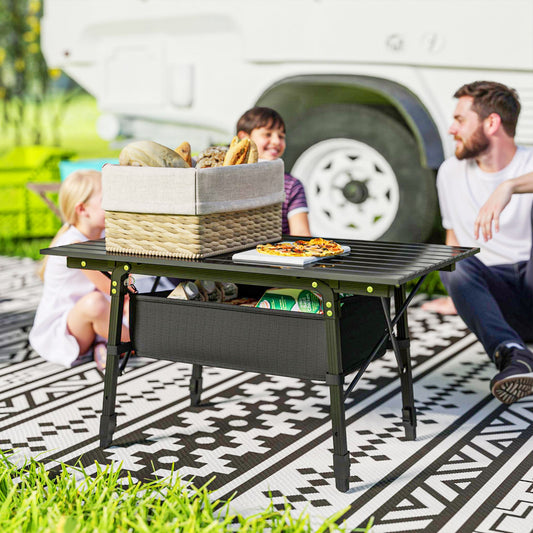 Folding Camping Table, 90 x 55 cm Height Adjustable Portable Collapsible Table, 3ft Lightweight Aluminium Rollup Picnic Table with Storage Basket