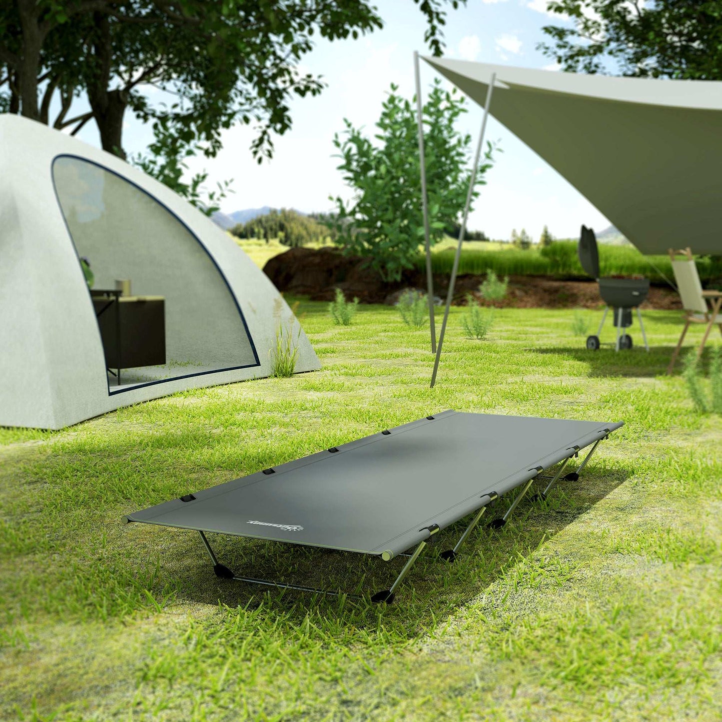 Outsunny Lightweight Camping Bed, w/ Strong Support 150kg and Carry Bag for Camping, Dark Grey