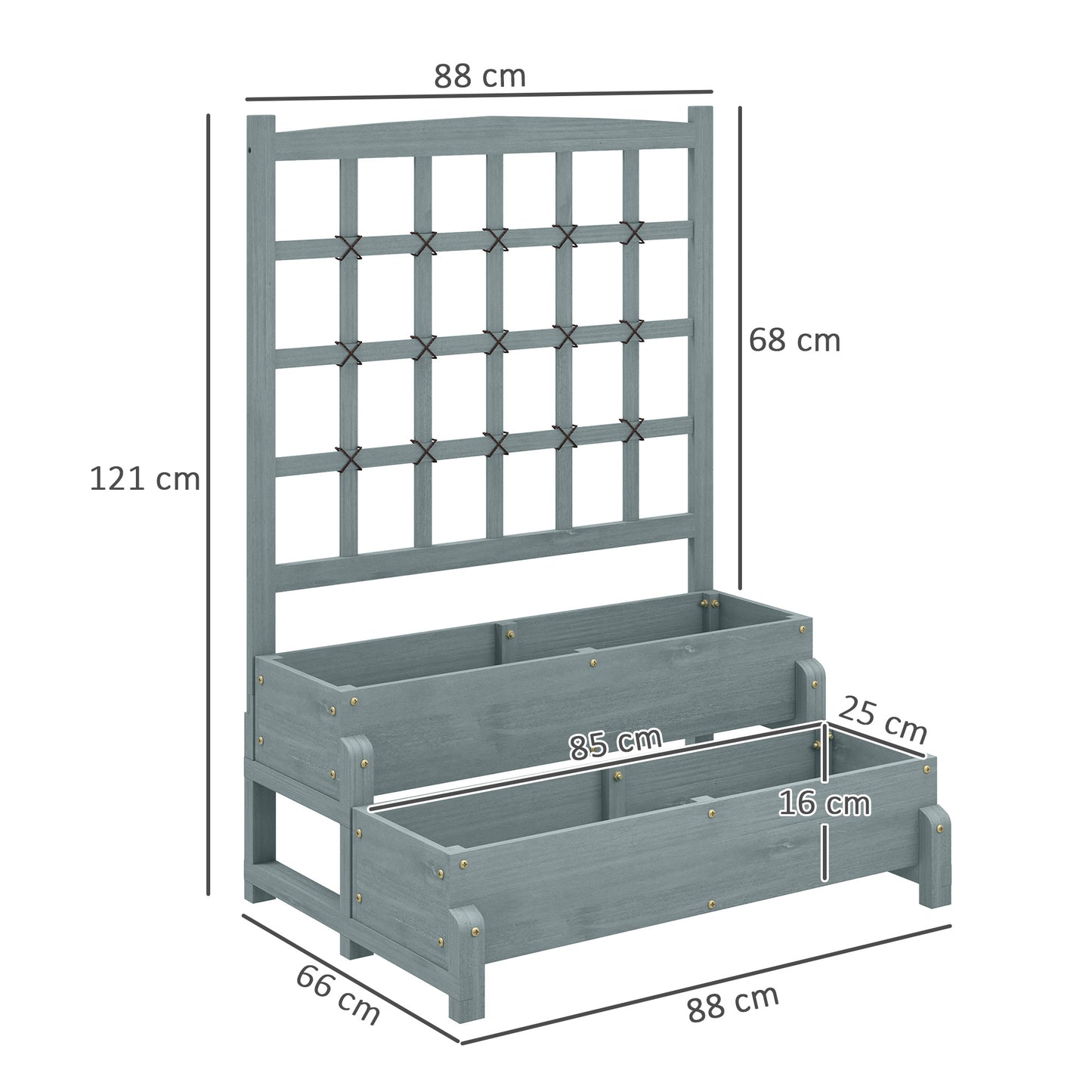 2-Tier Raised Garden Bed with Trellis, Wooden Elevated Planter Box Outdoor Raised Planter for Climbing Plants, Fruits, Vegetables, Flowers, Grey