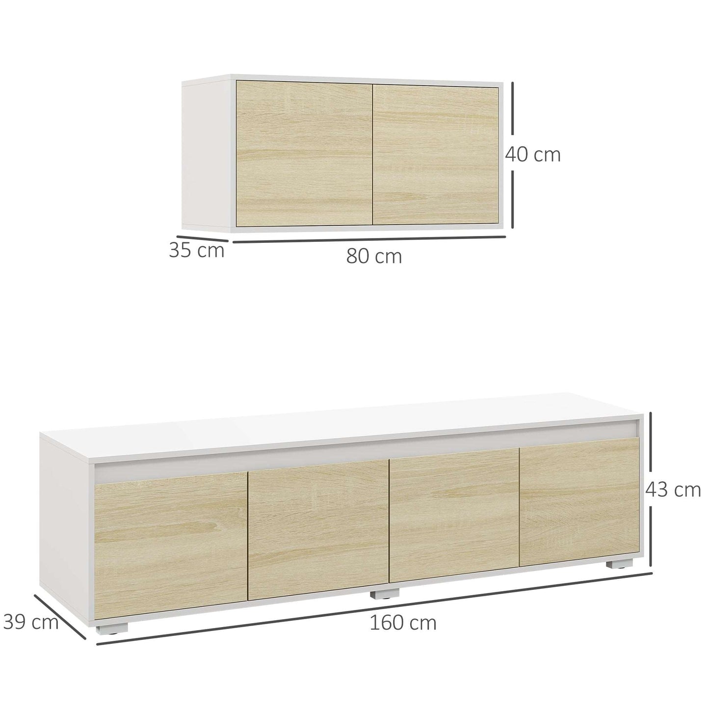 2 Pieces TV Unit Set with Wall Cabinet, Freestanding Unit for 70-inch TVs, Wall Mounted Storage Cupboard, with Adjustable shelves