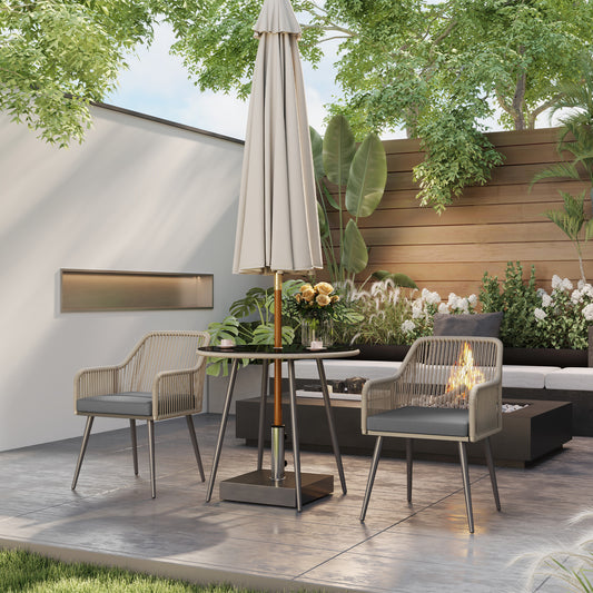 Outsunny 4 Seater Rattan Dining Set, Rattan Garden Furniture Set with Parasol Hole, Outdoor Dining Table and Chairs Set with Cushions, Round Glass Top Table