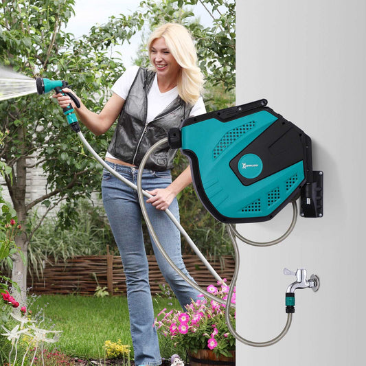 15M Garden Auto Hose Reel Wall Mounted Retractable 7 Patterns Spray Nozzle - Durhand