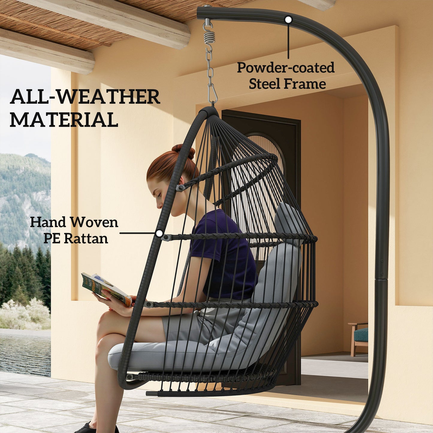 Outsunny Rattan Hanging Egg Chair with Stand, Foldable Wicker Swing Egg Chair with Cushion, Head Pillow, Steel Frame, Hammock Chair