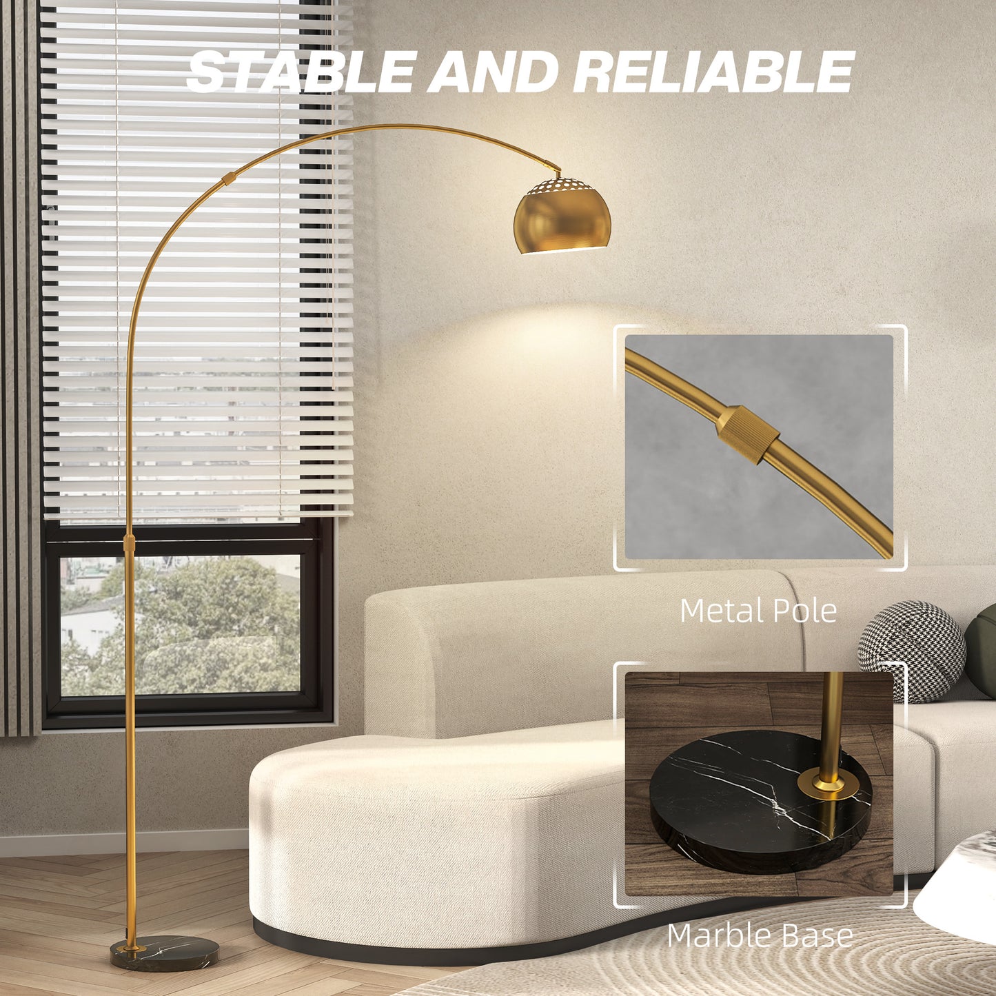 180cm Arc Floor Lamp for Living Room, Home Offices, Bedrooms, Modern Standing Lamp with Foot Switch, Faux Black Marble Base, Black Bell Shade