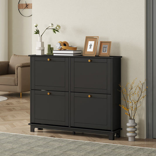 Narrow Shoe Storage Cabinet, Slim Shoe Cabinet with 4 Flip Drawers, Adjustable Shelves for 16 Pairs of Shoes, Black