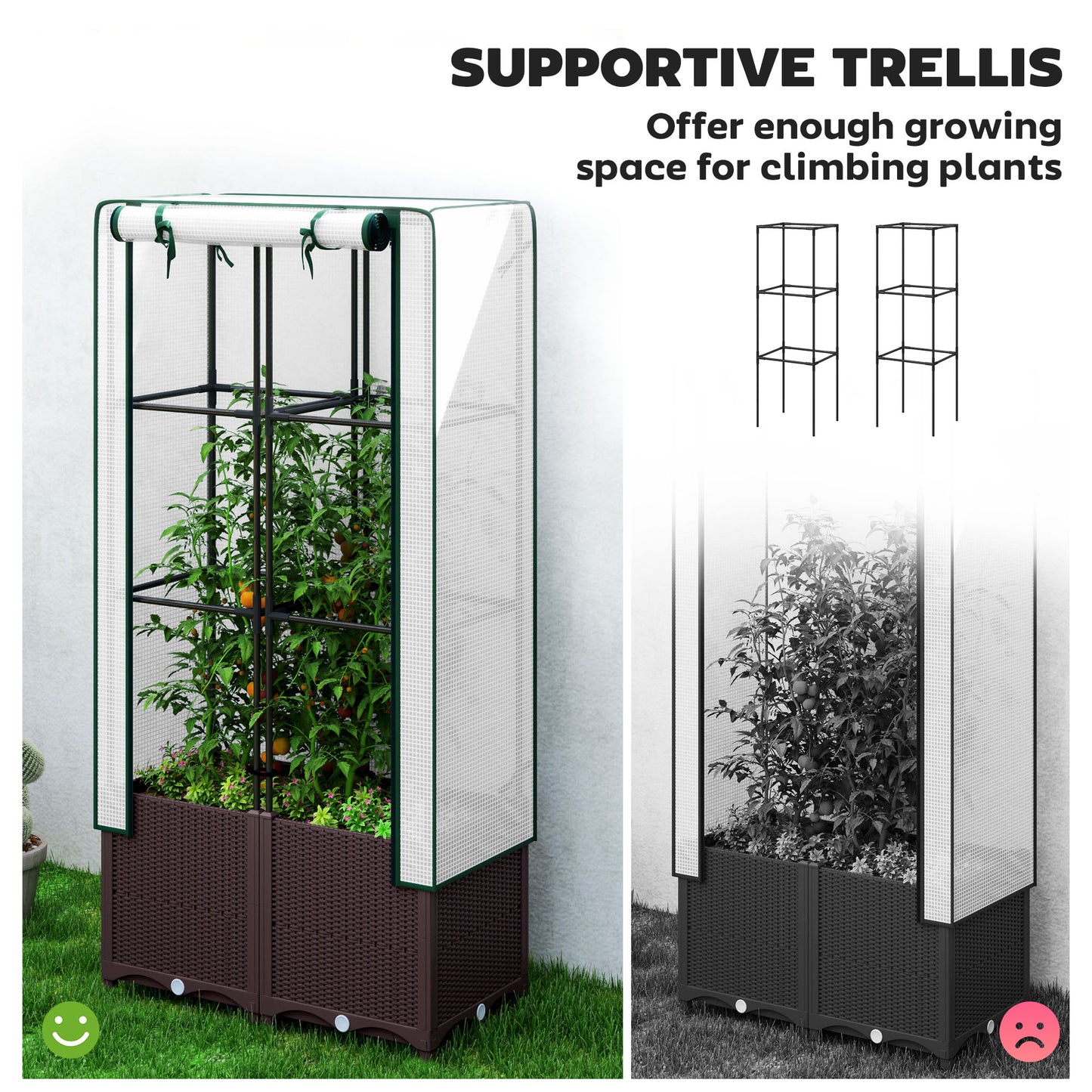 Raised Garden Bed with Trellis, Plastic Planter Box with Drainage Holes and Drain Plugs for Climbing Plants, Vegetables, Flowers
