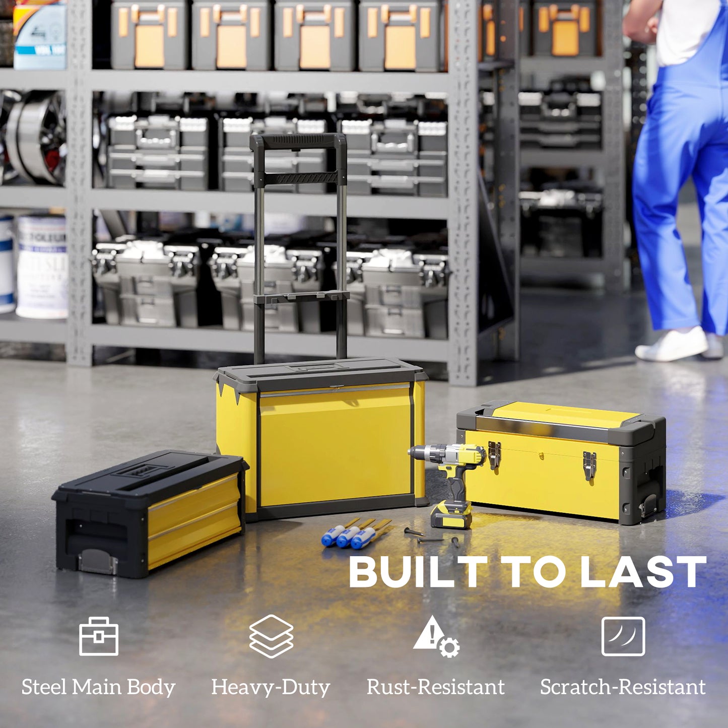 3-in-1 Stackable Three Tier Rolling Tool Storage Box On Wheels - Yellow