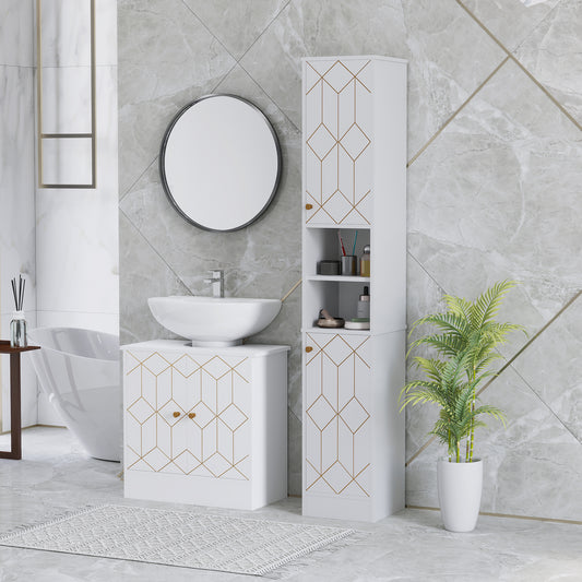 Tall Bathroom Storage Cabinet with Doors | Slim Freestanding | Adjustable Shelves | Gold Tone Handles | White