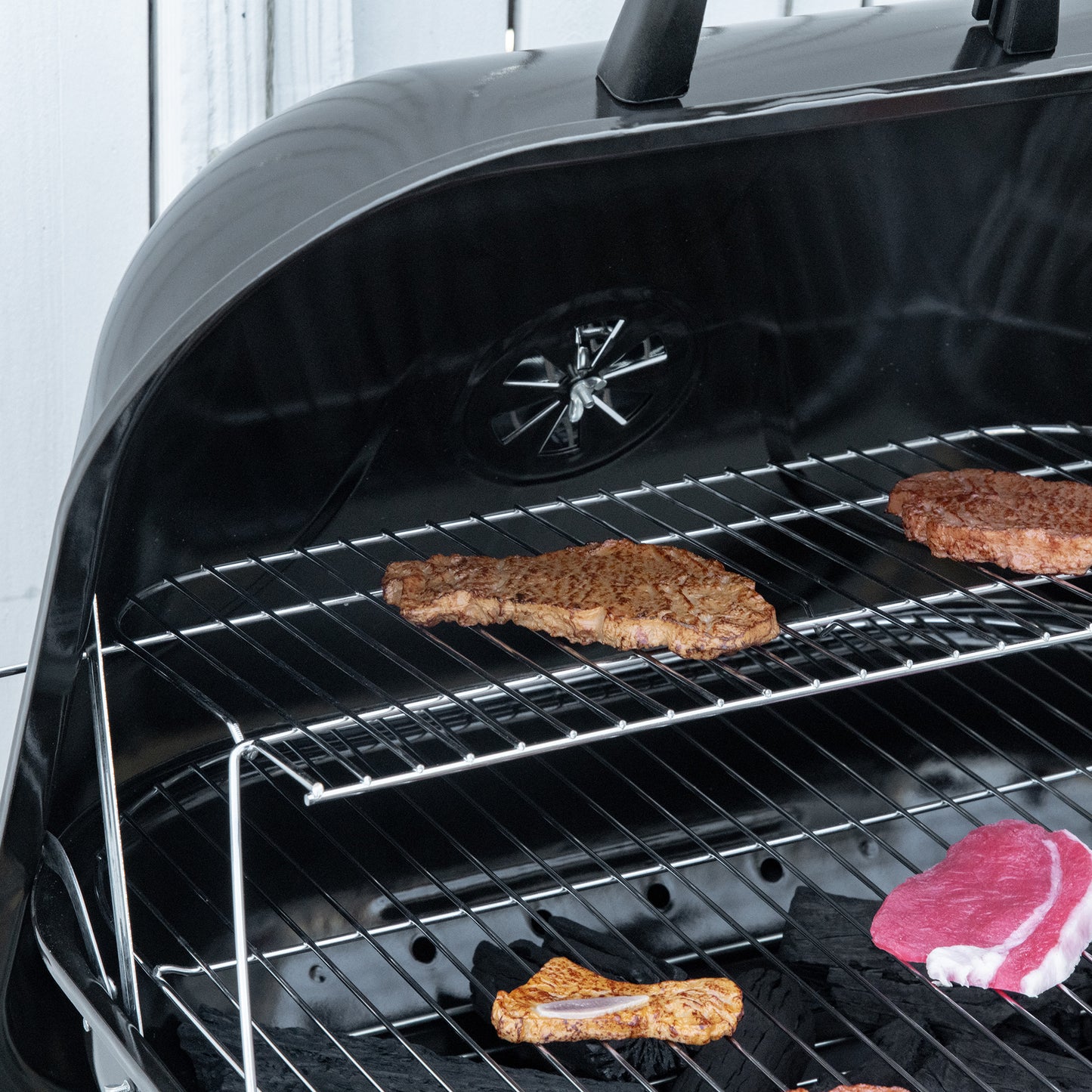 Outsunny Portable BBQ Charcoal Grill with 2 Wheels and Cooking Utensils, Smoker Grill with Lid for Outdoor Barbecues, Camping, Picnic