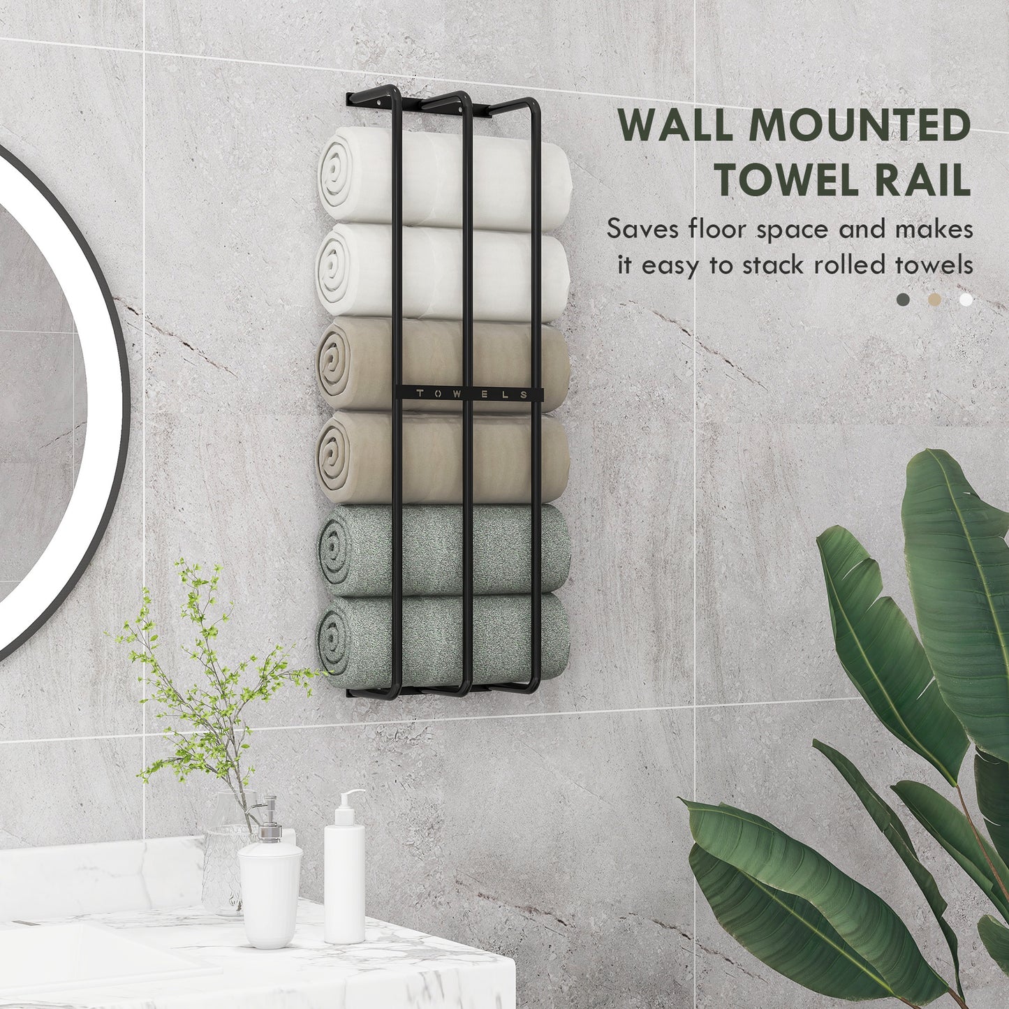 Towel Rail Wall Mounted Metal Rack Holder Organiser Holds Up to 6 Large Size (160 x 100cm) Rolled Towels, 3 Bar Towel Storage for Bathroom - Black