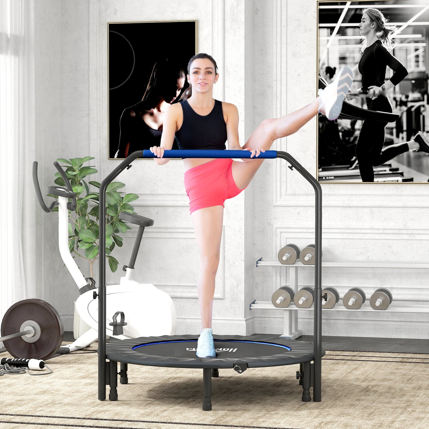 48" Foldable Mini Fitness Trampoline, with Adjustable Foam Handle, Blue / Pink / Orange