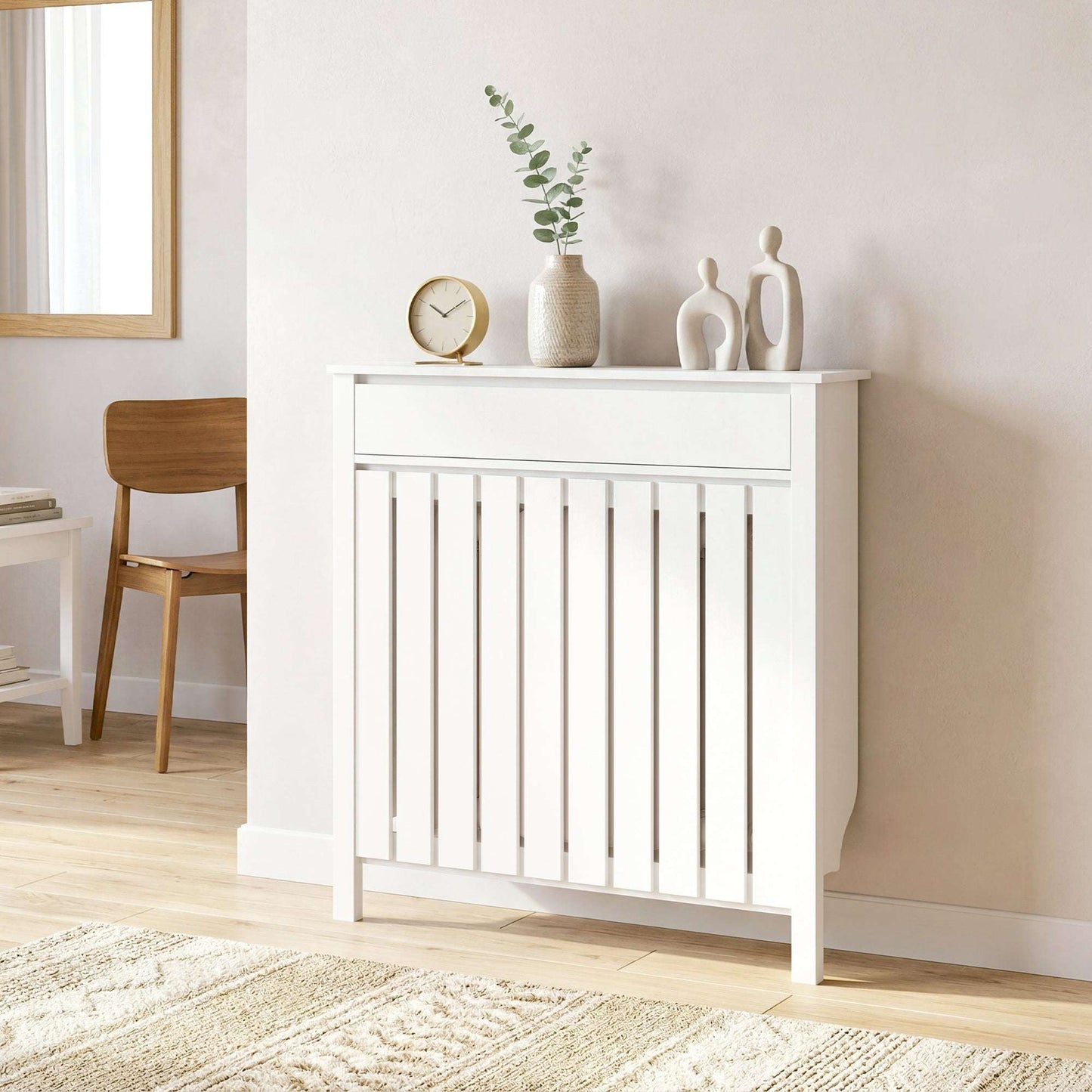 MDF & Particle Board Radiator Cover with 1 Drawer | Vertical Slats | Flat Top Display Surface | Wall Mountable | Pre-Cut Outs | 14kg Capacity | 88.5x19x93cm | White
