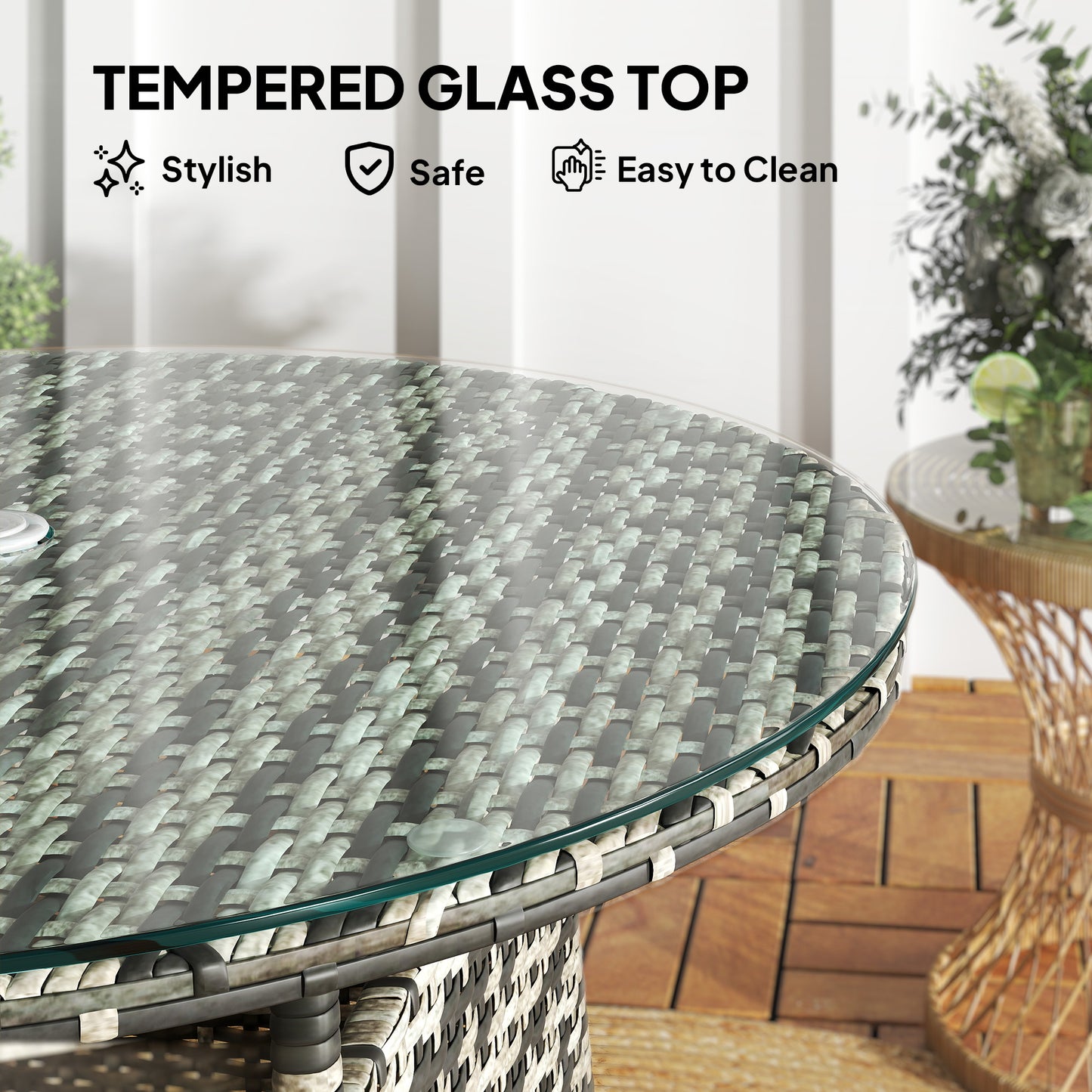 Outsunny Wicker Garden Rattan Table, Patio Furniture Outdoor Coffee Table with Umbrella Hole and Tempered Glass Top, Grey / Brown