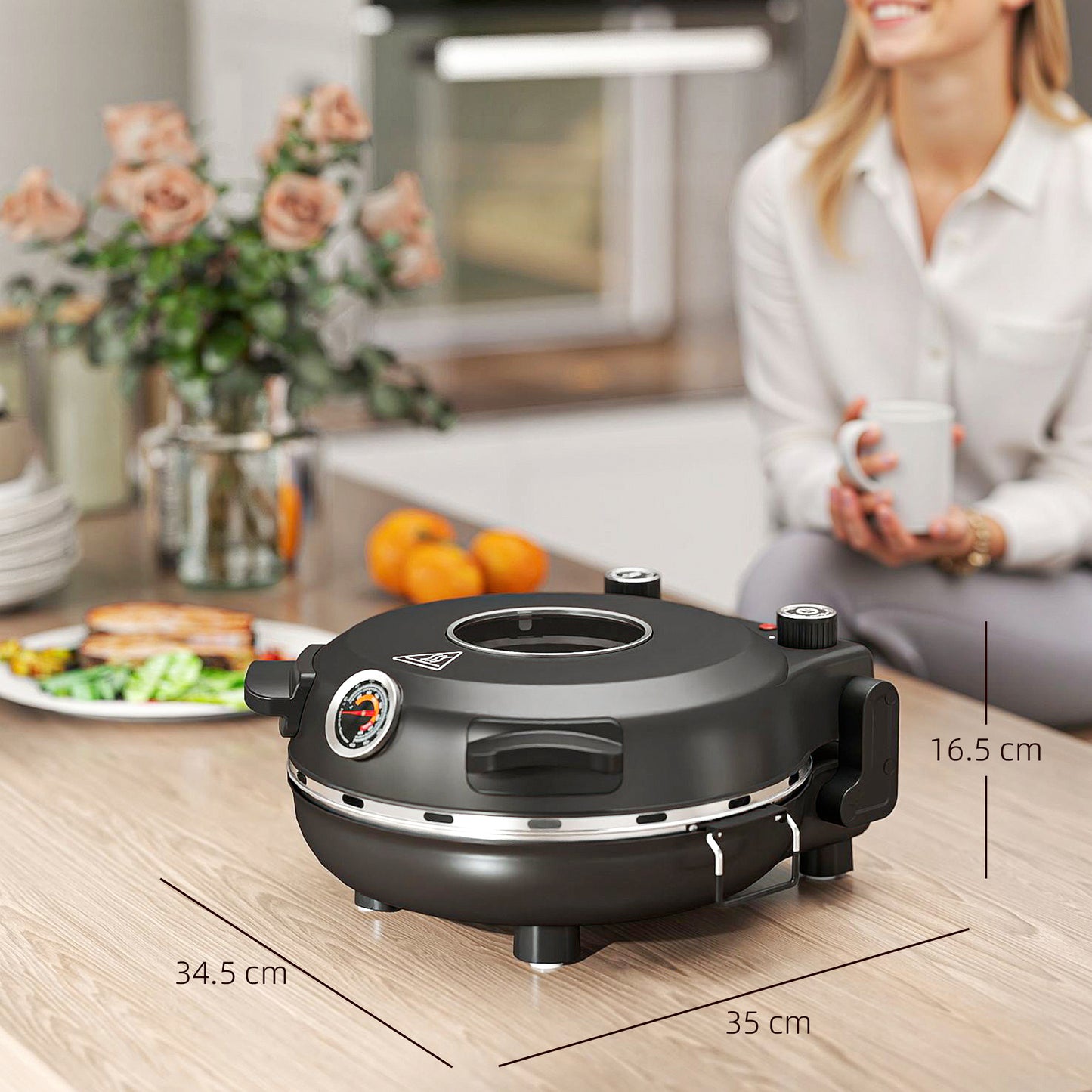 1200W Pizza Oven, 12 Inch Electric Pizza Maker with Viewing Window, Dual Knob Temp & Timer Control, Overheat Protection, Black / Red