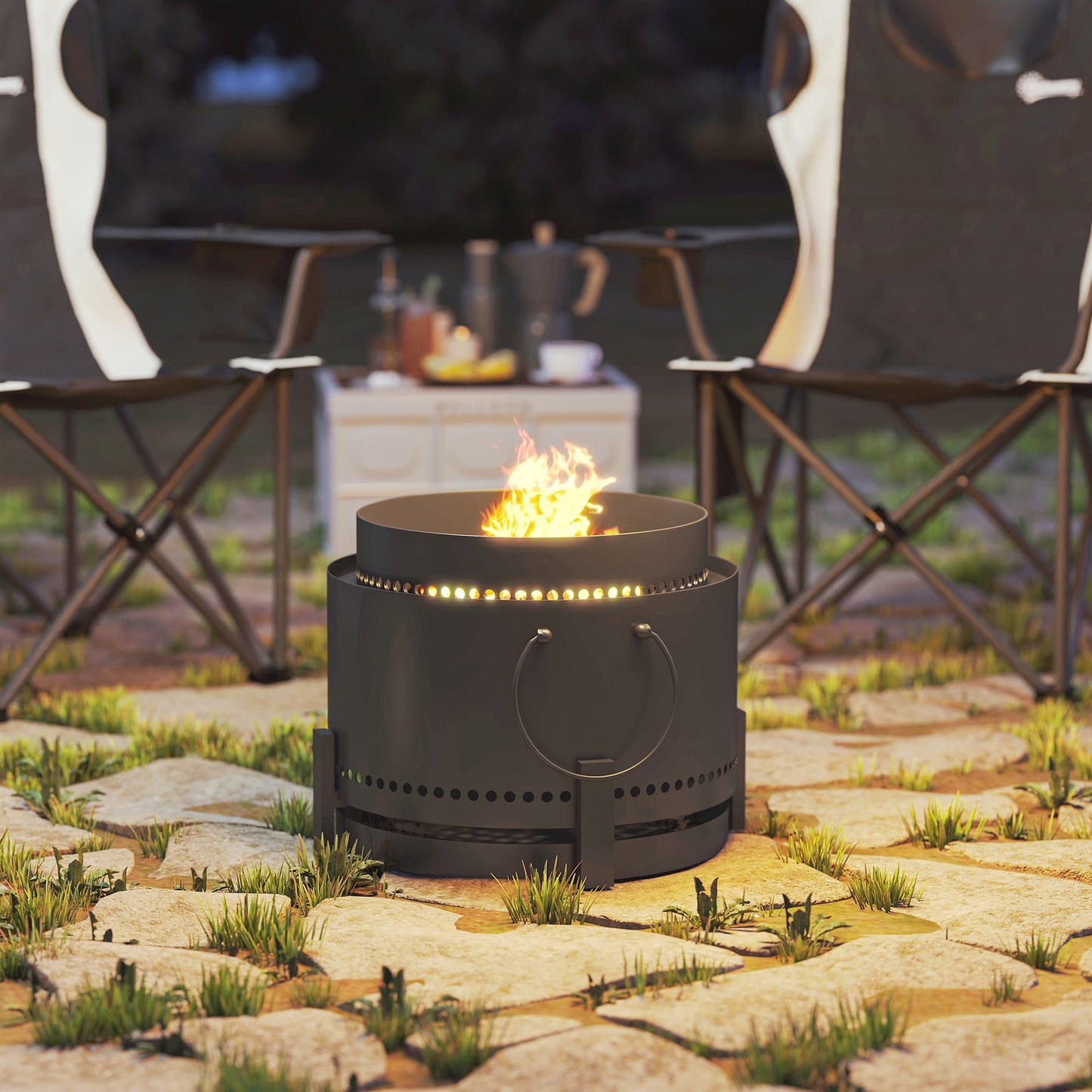 Smokeless Fire Pit with Ash Catcher, 37cm Portable Wood Burning Firepit with Poker for Garden Camping Bonfire Party, Metal, Dark Grey