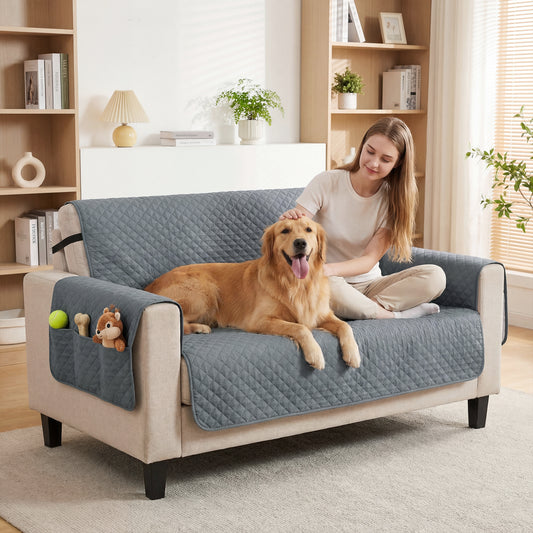 Waterproof 2-Seater Sofa Cover for Dogs, Cats & Pets | Non-Slip Backing & Elastic Straps | 2 Armrest Pockets | Machine Washable | Brushed Multi-Layer Fabric | 255x177cm | Grey