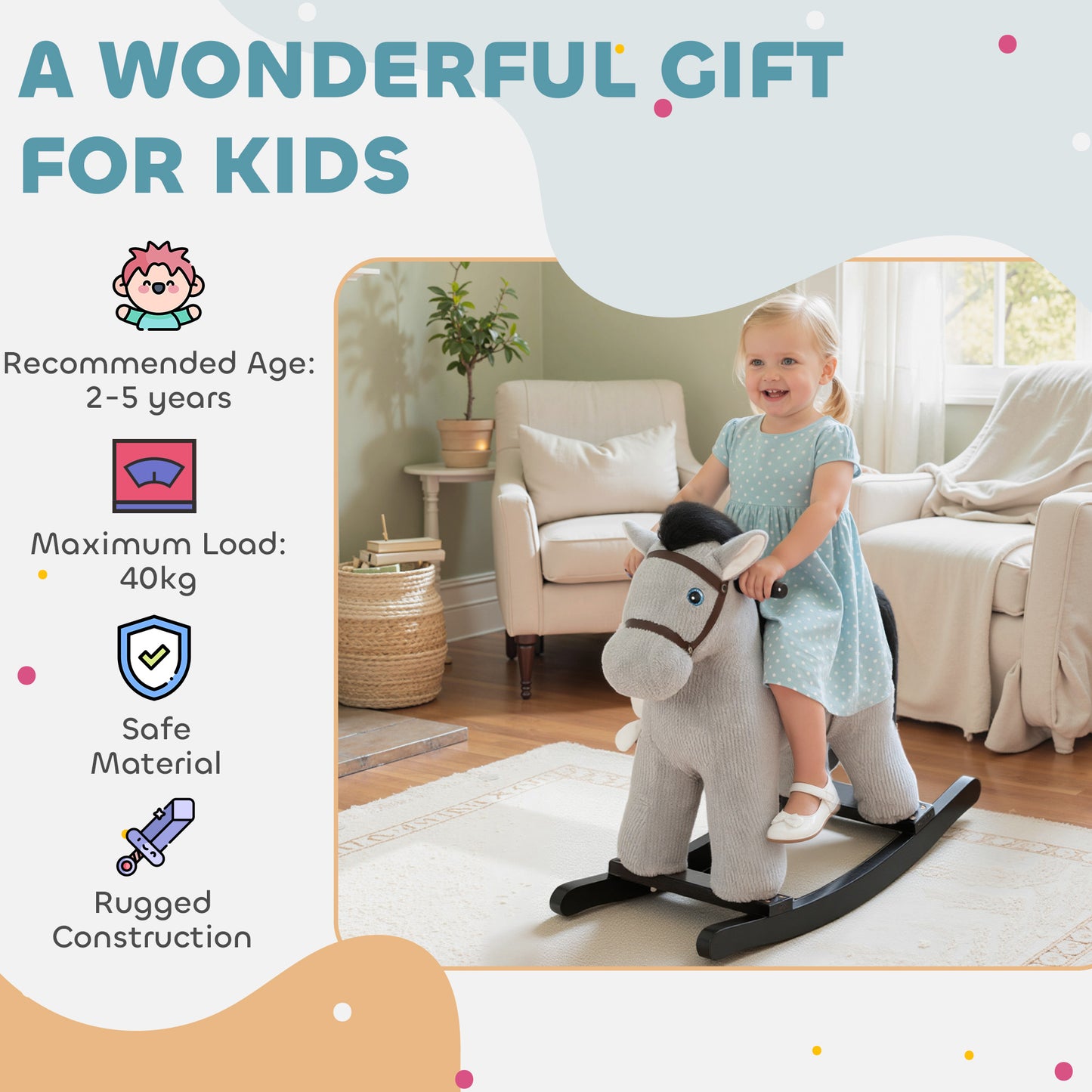 AIYAPLAY Baby Rocking Horse, Plush Ride on Toy with Handle Grip, Sound and Doll, Toddler Animal Rocker for Kids Aged 2–5, Grey