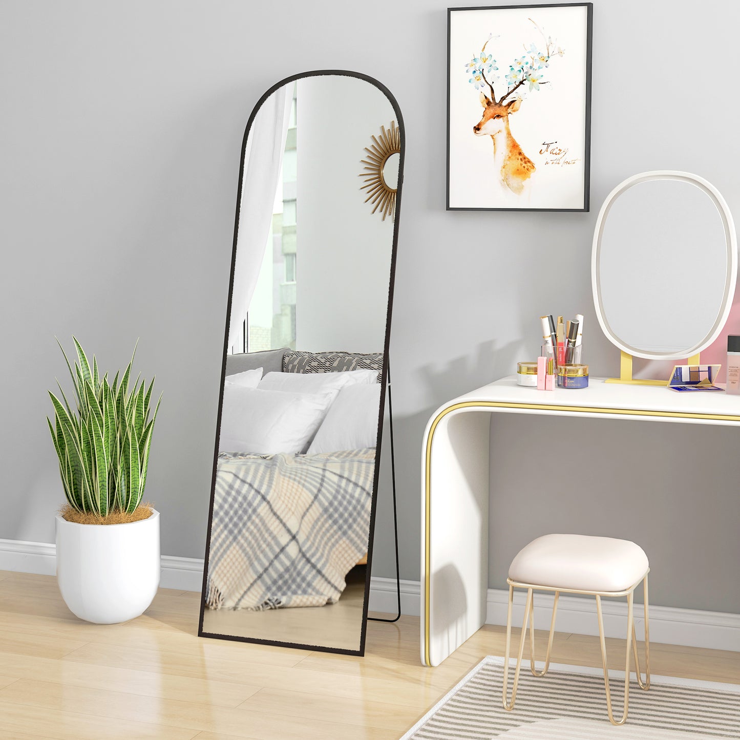 Full Length Mirror, 162x50cm Arched Free Standing Floor Mirror with Aluminium Alloy Frame, Hanging or Leaning for Living Room, Bedroom, Black Frame