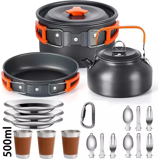 Camping Cooking Set Camping Cookware Travel Tableware Outdoor Picnic Set Teapot For 3 People Non-stick Pots Assorted Set, Orange / Black