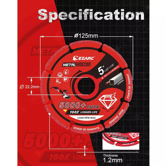 EZARC Diamond Cutting Wheel 125mm x 1.2mm x22.23mm Diamond Cut Disc for Metal, Cut Off Wheel with 5000+ Cuts on Steel Rebar Iron