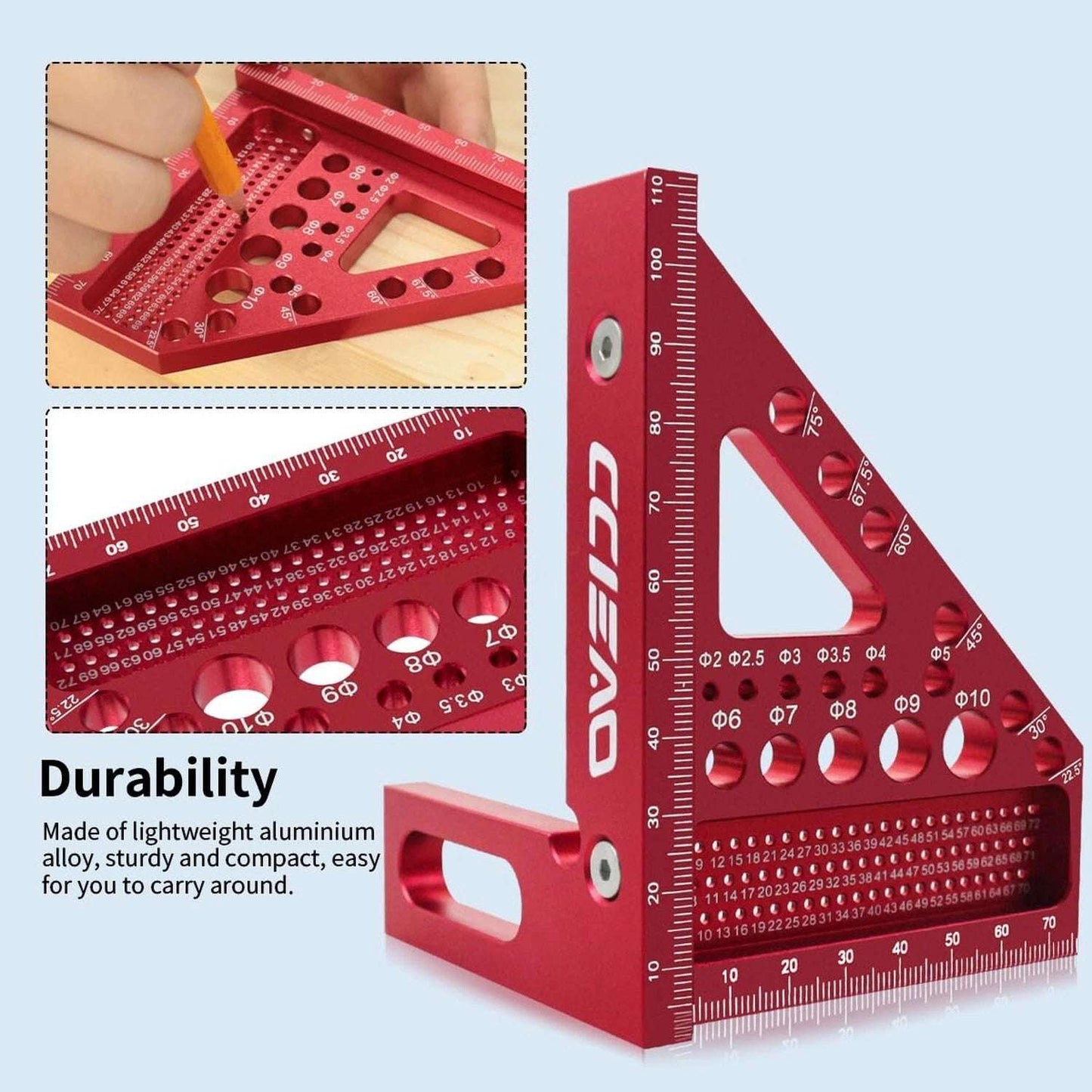 3D Carpenter Square W/ Degrees Scriber, 22.5-90 Degree Drawing Line Ruler W/ Pin, Precision, Woodworking, Construction, Craftsmen (Metric)